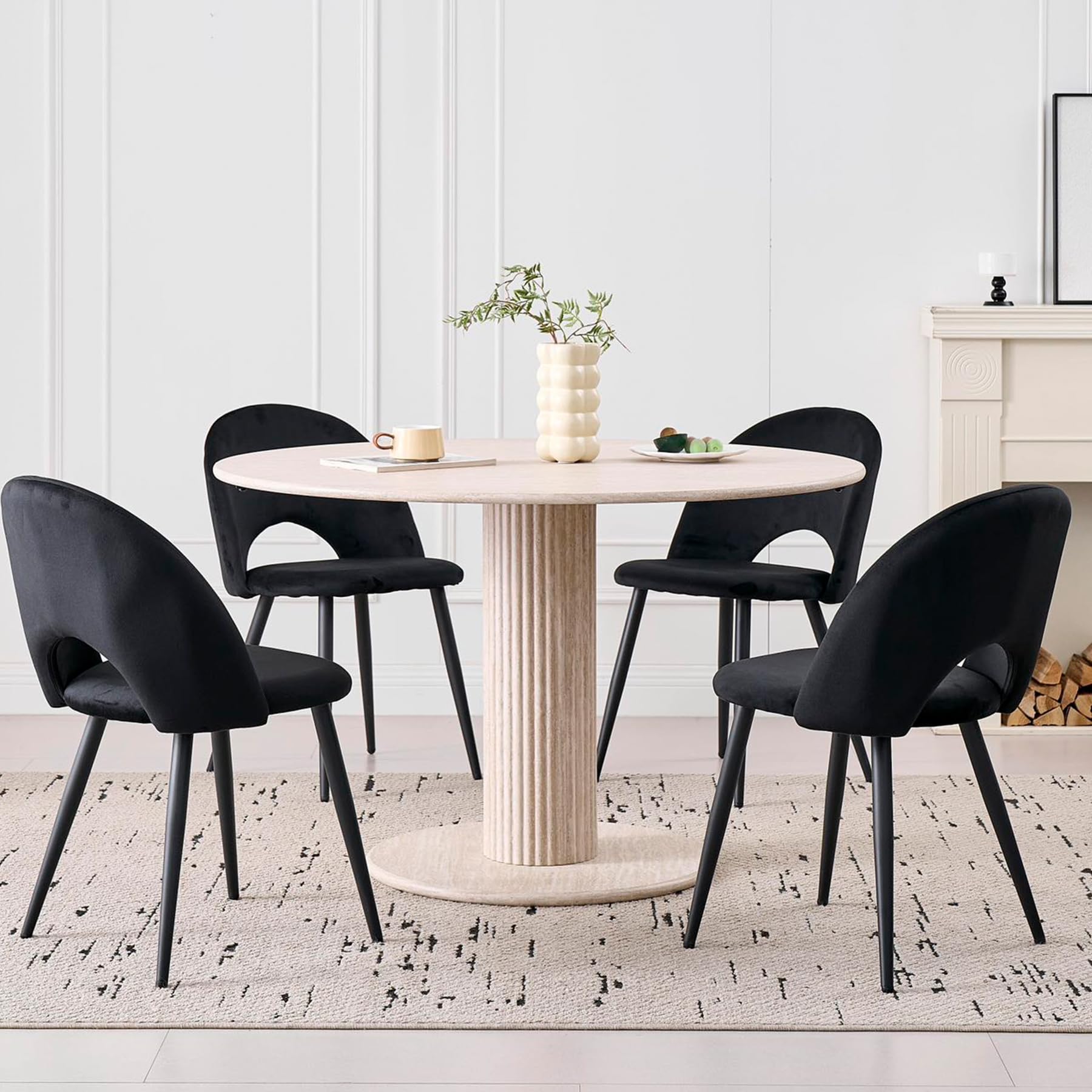 Juego de Mesa de Comedor Redonda con 4 Sillas, Conjunto Mesa (Textura de Travertino Amarillo) y Sillas de Comedor para Cocina, Restaurante y Oficina (Negro+Beige)