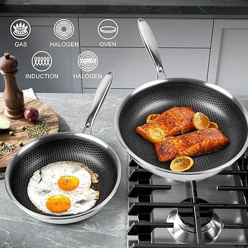 Miniatura 4 de Innerwell Juego de 3 sartenes de acero inoxidable de tres capas con tapa, 8 pulgadas, 9.5 pulgadas y 11 pulgadas, antiadherentes de acero inoxidable