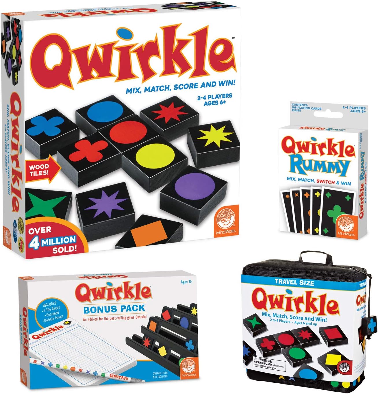 MindWare Complete Qwirkle Family Game Pack: Qwirkle, Qwirkle Travel, Qwirkle Rummy, and Qwirkle Bonus Pack