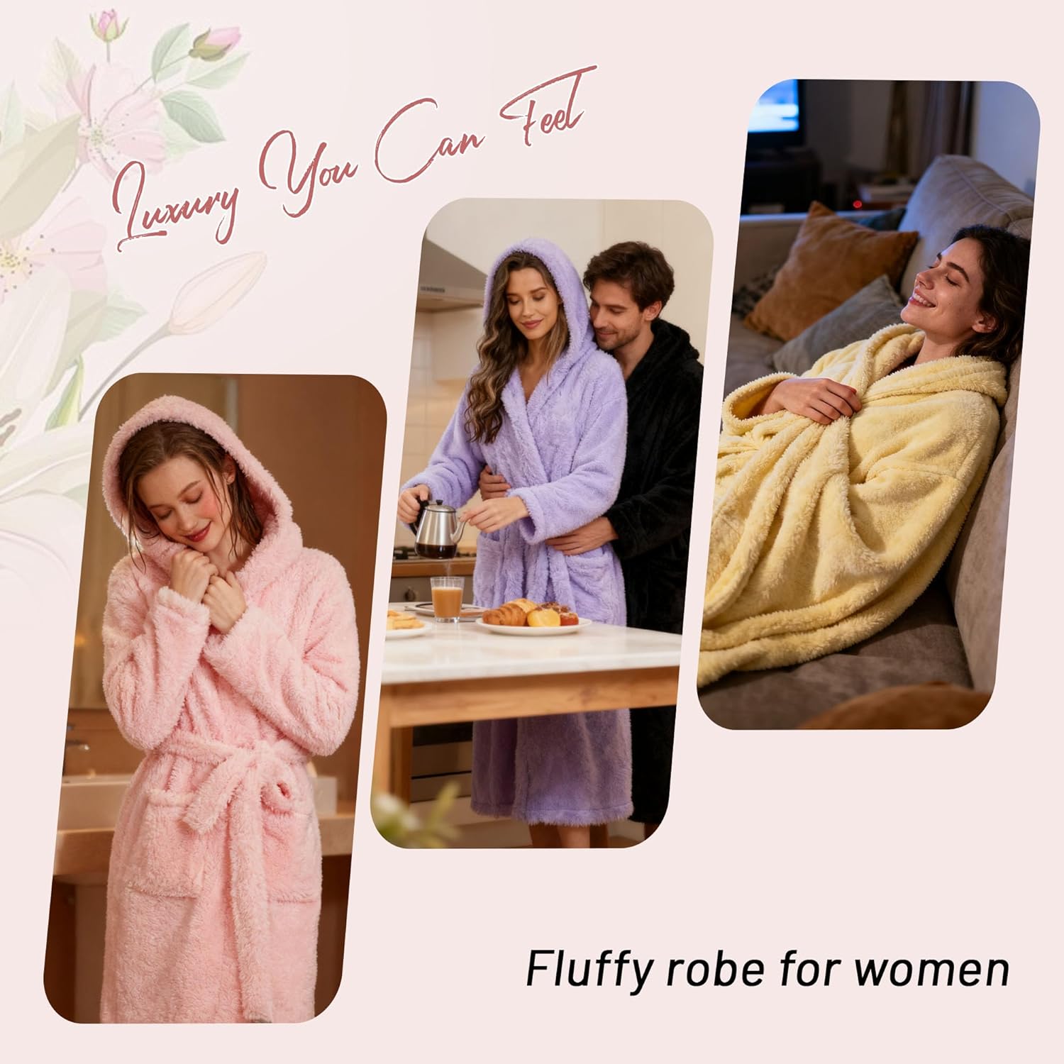 LYCY Women Hooded Fleece Robe, Soft Warm Plush Bathrobe for Women Fluffy Spa Long Robe - Image 5