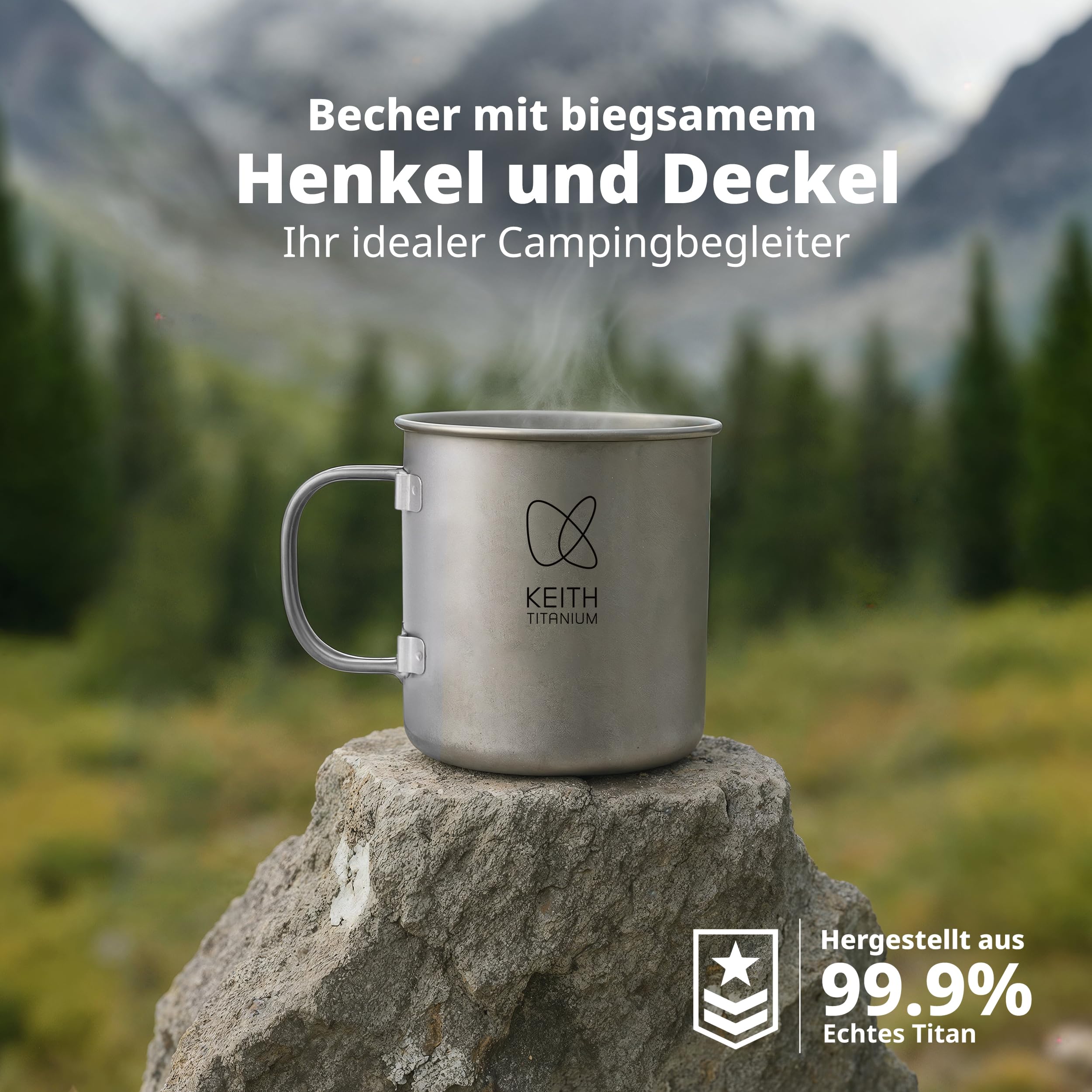 Keith Titanium Einwandiger Titanbecher, Tragbarer Kaffeebecher mit Deckel & klappbarem Henkel, Trinkgeschirr für Tee & Kaffee, Ideal für Camping, Picknick, Trekking & Outdoor (900 Ml)