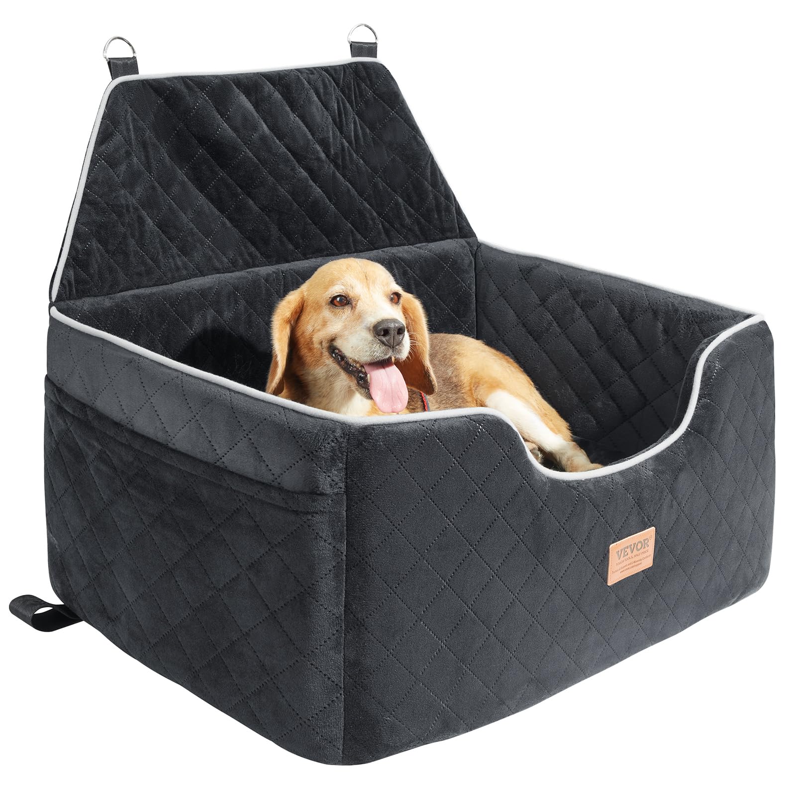 VEVOR Dog Car Seat Booster Seat with High Back, Storage Pocket, Clip-On Safety Leash, PP Cotton Filling, Car Bed for Small Dogs up to 20lbs, Dark Gray