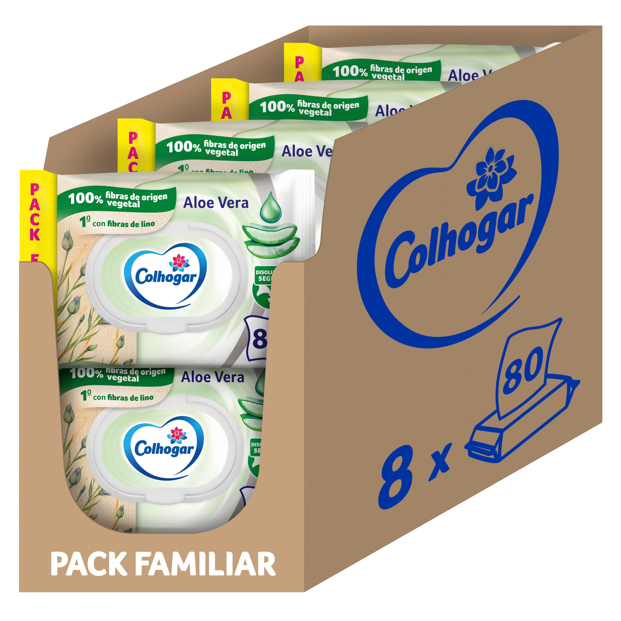 Colhogar Aloe 8x80 - Papel Higiénico Húmedo Desechable con Extracto de Aloe Vera - Sin Alcohol - Dermatológicamente Testado - Paquete con 640 Toallitas Húmedas y Desechables por WC