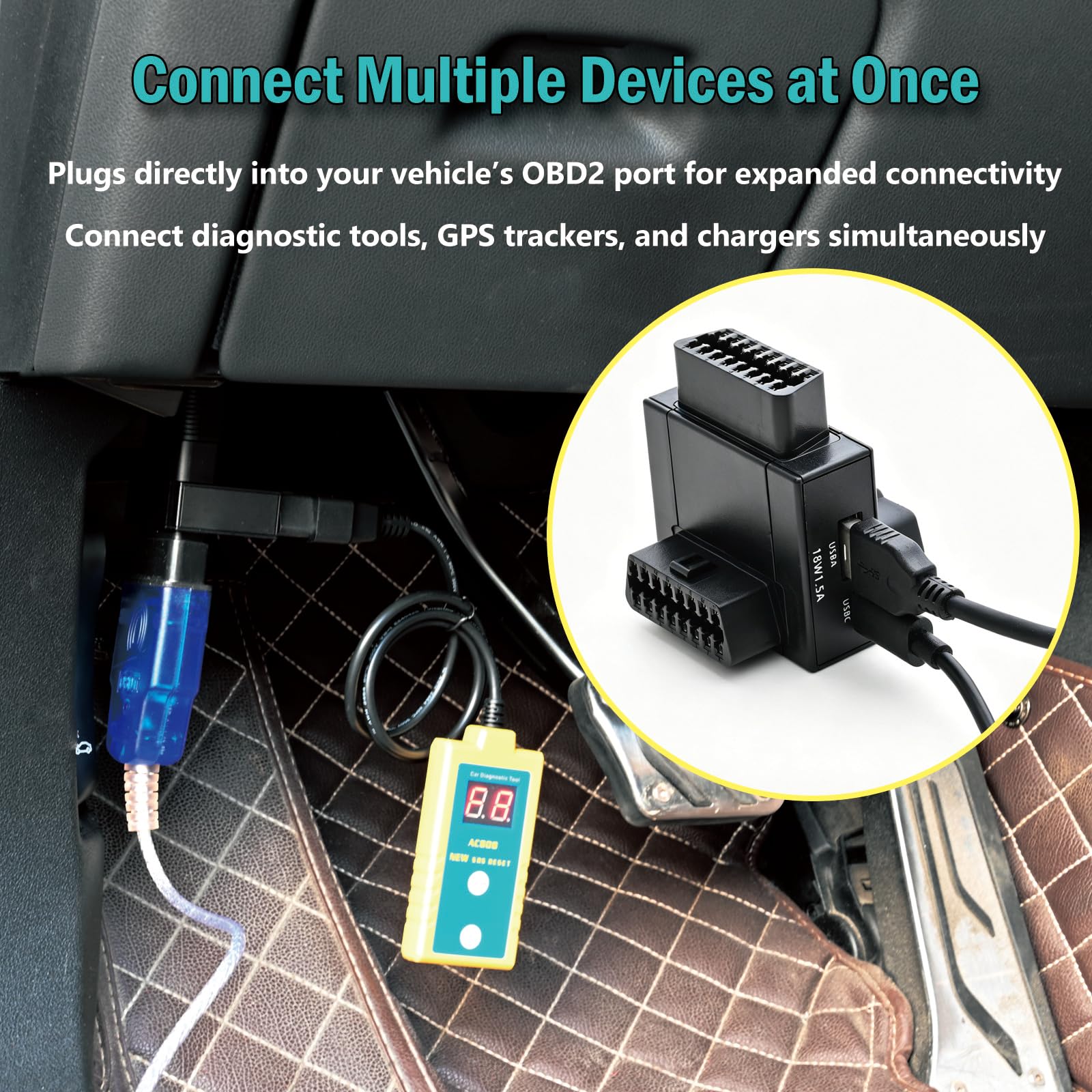 iKKEGOL Adaptateur répartiteur OBD2, OBD II 16 broches 1 mâle vers 2 femelles câble d'extension avec ports de charge USB et USB-C, répartiteur OBD2 Y 2 voies double convertisseur pour diagnostic de