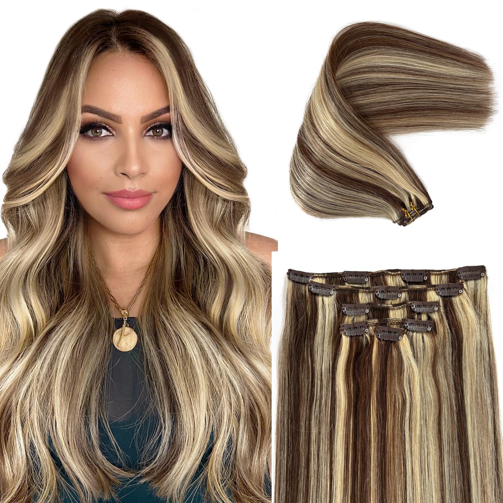 Clip in Hair Extensions Real Remy Human Hair Clip ins Medium Brown Mixed Bleach Blonde Highlight Human Hair Extensions Silky Straight Brown Blonde