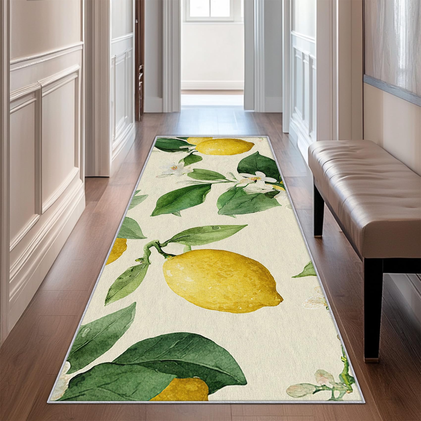 Generisch Läufer Flur Zitrone 60x180 Mit Frucht Blätter Blumen Grün Gelb Muster Extra Dünn Waschbar rutschfest, Zitrone Teppich Flurläufer Lang Für Eingangsbereich Schlafzimmer