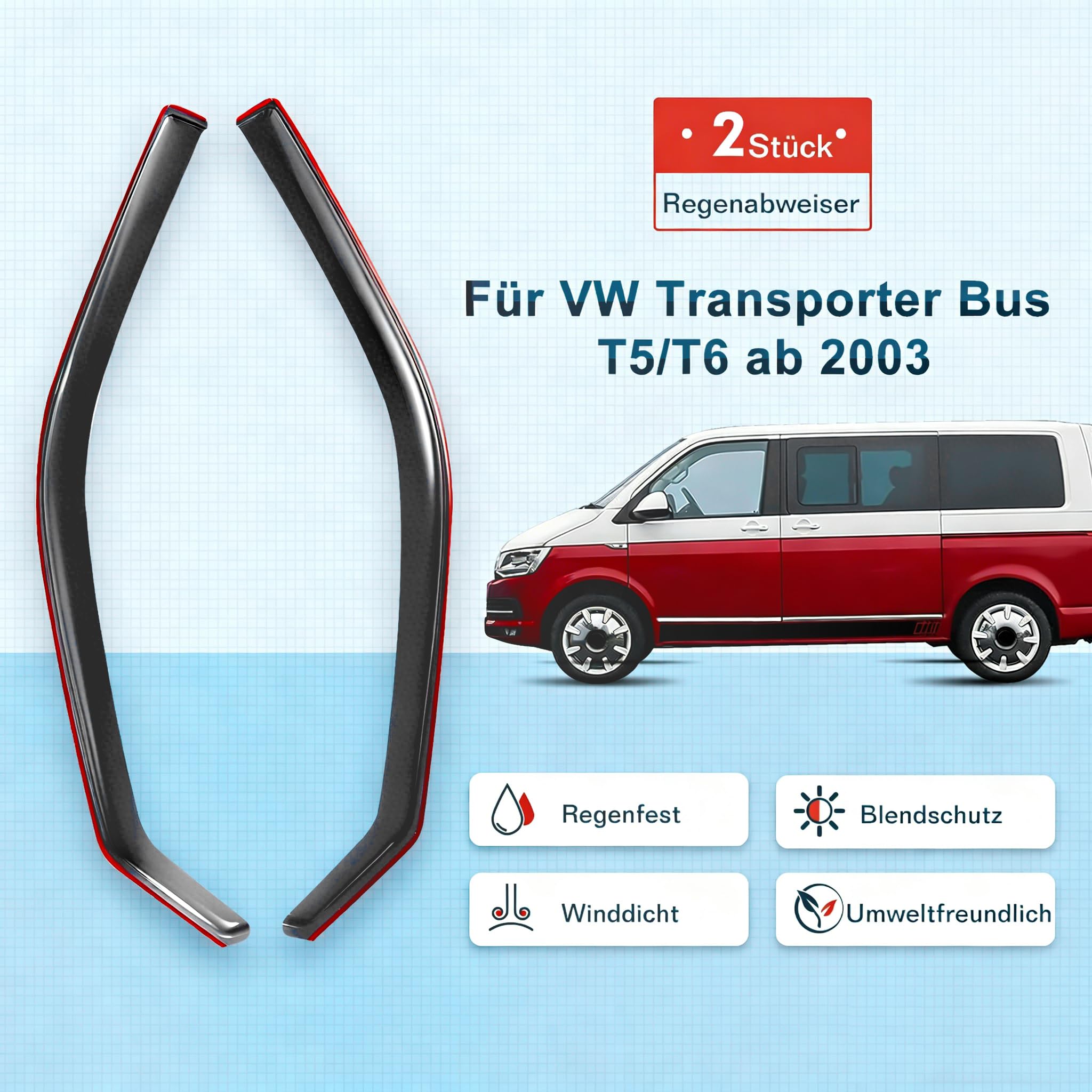 Windabweiser Regenabweiser kompatibel mit VW T5 2003-2015 & T6 ab 2016, Selbstklebend Tape-On Autofenster Regenschutz Regenabweiser Deflektoren, 2-TLG Set, Rauchgrau, Vorne,Aerodynamisch