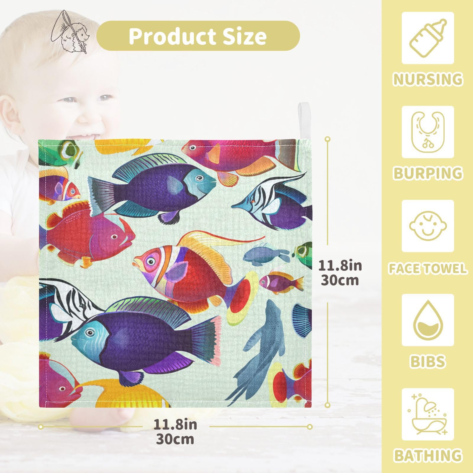 Kigai Beautiful Colorful Fish Baby Washcloths,5pcs Ultra Soft Absorbent Towel,Newborn Bath Face Towel, Natural Reusable Baby Wipes for Sensitive Skin, Baby Registry as Shower