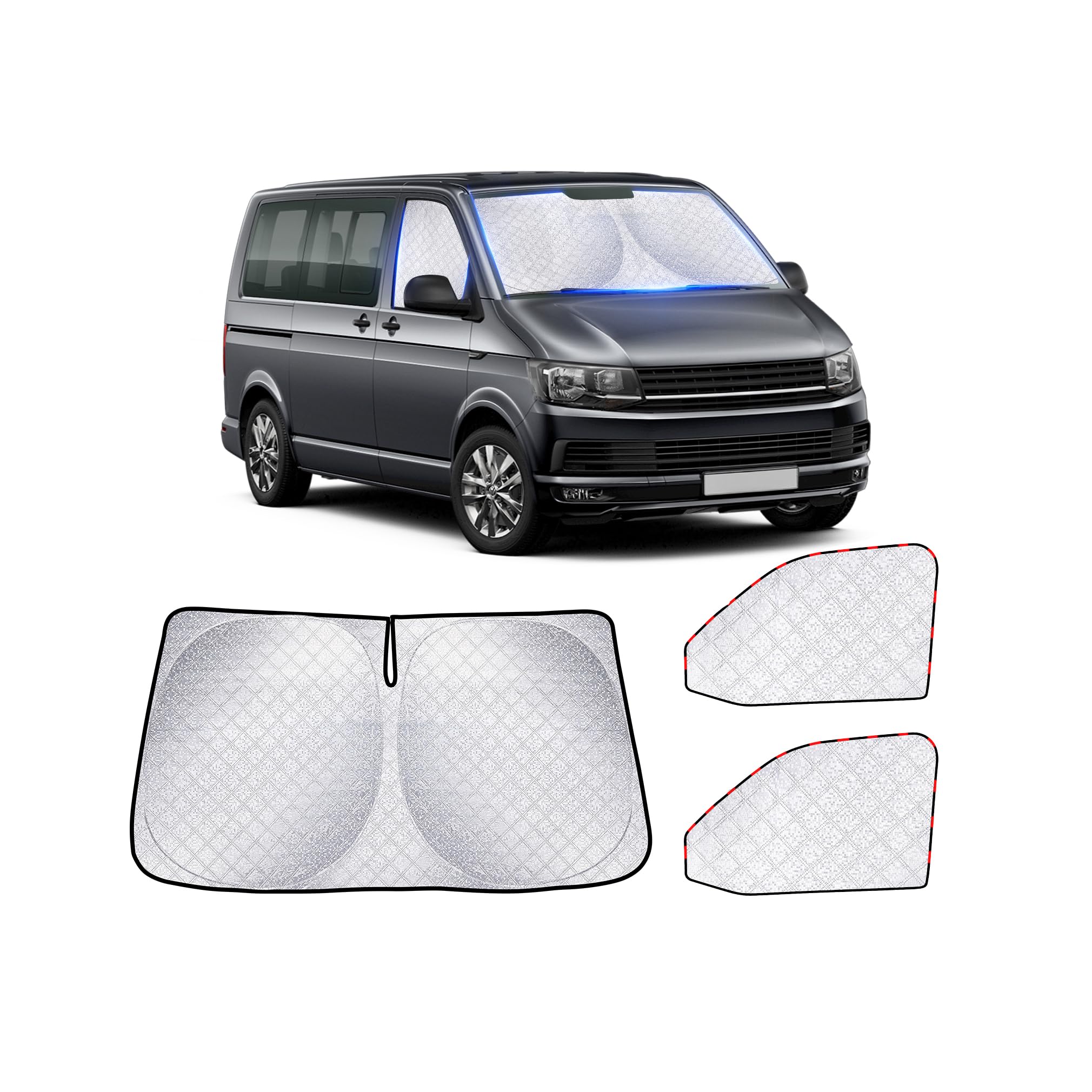 Ochrona przeciwsłoneczna przedniej szyby samochodowej dla VW T5 T6 (zestaw 3 szt.) Termomata do zaciemnienia kabiny kierowcy i bocznych szyb | Premium aluminiowa mata UV-Schutz & osłona