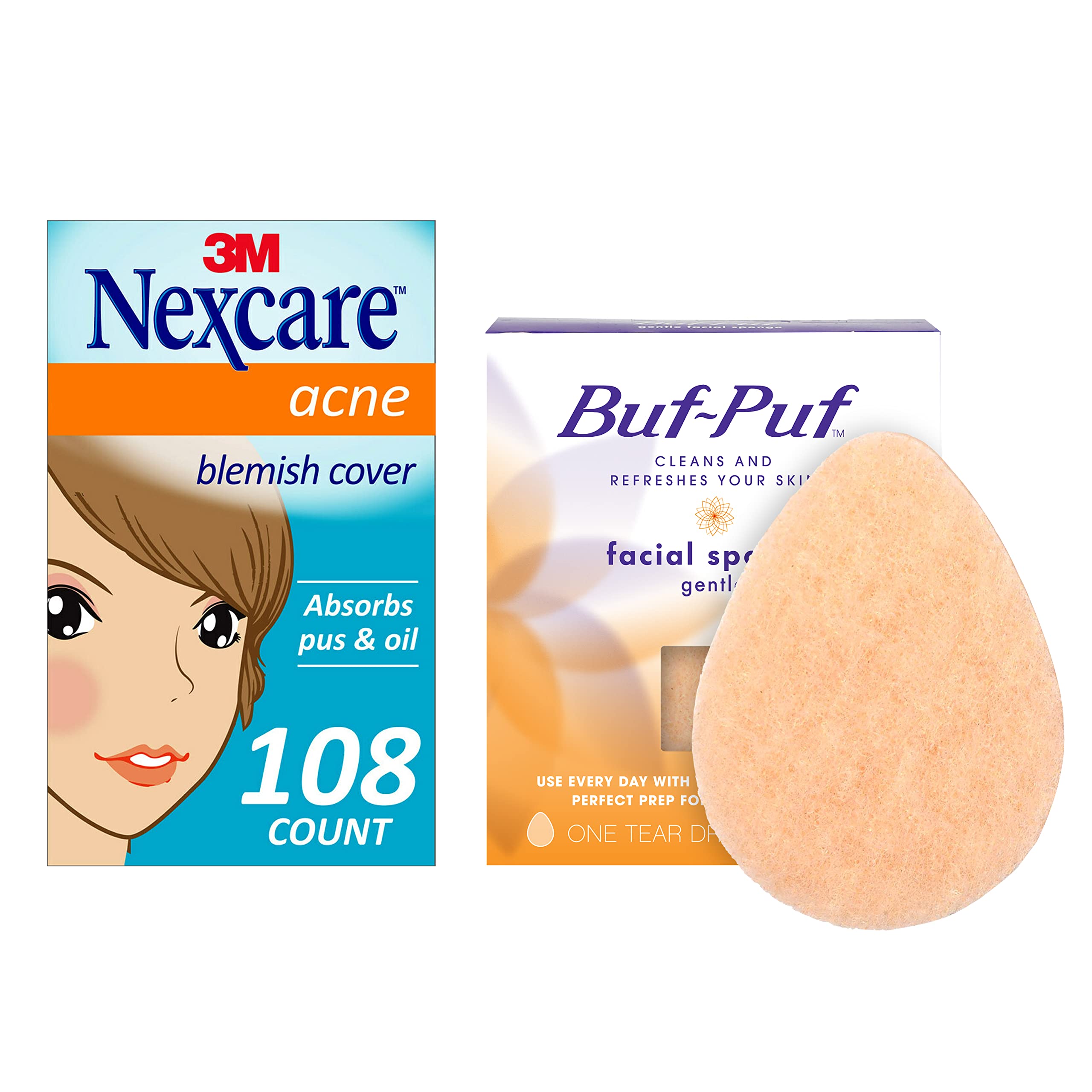 Buf-PufGentle Facial Sponge, Removes Deep Down Dirt & Makeup That Causes Breakouts and Blackheads, Reusable, Exfoliating (1 Count) + Nexcare Acne Absorbing Patch (108 Count)