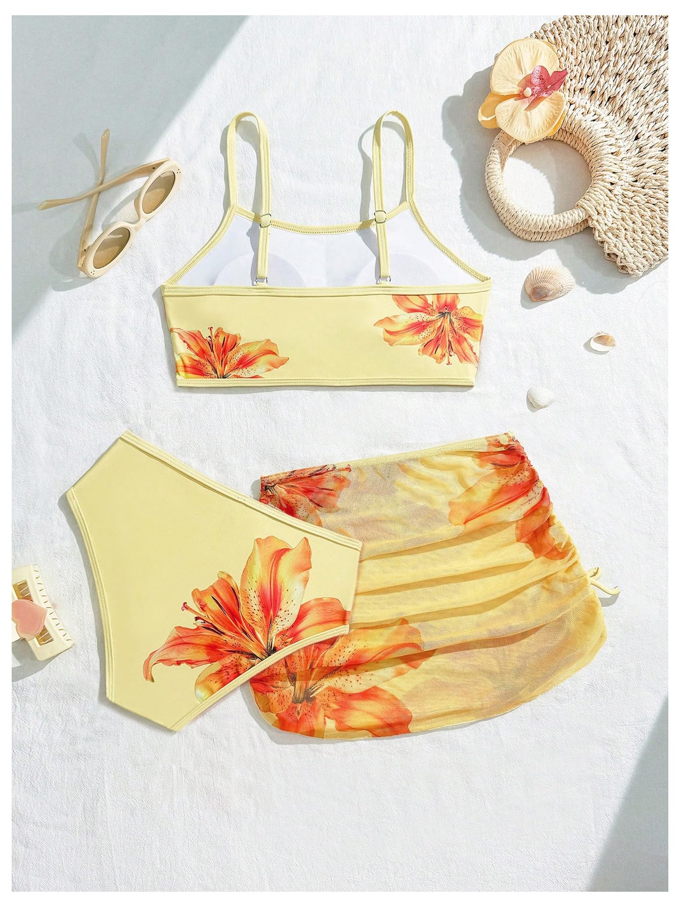 Girl'S 3 Piece Bikini Set Floral Spaghetti Strap Swimsuit with Cover Up Drawstring Sheer Skirts(10 Years)