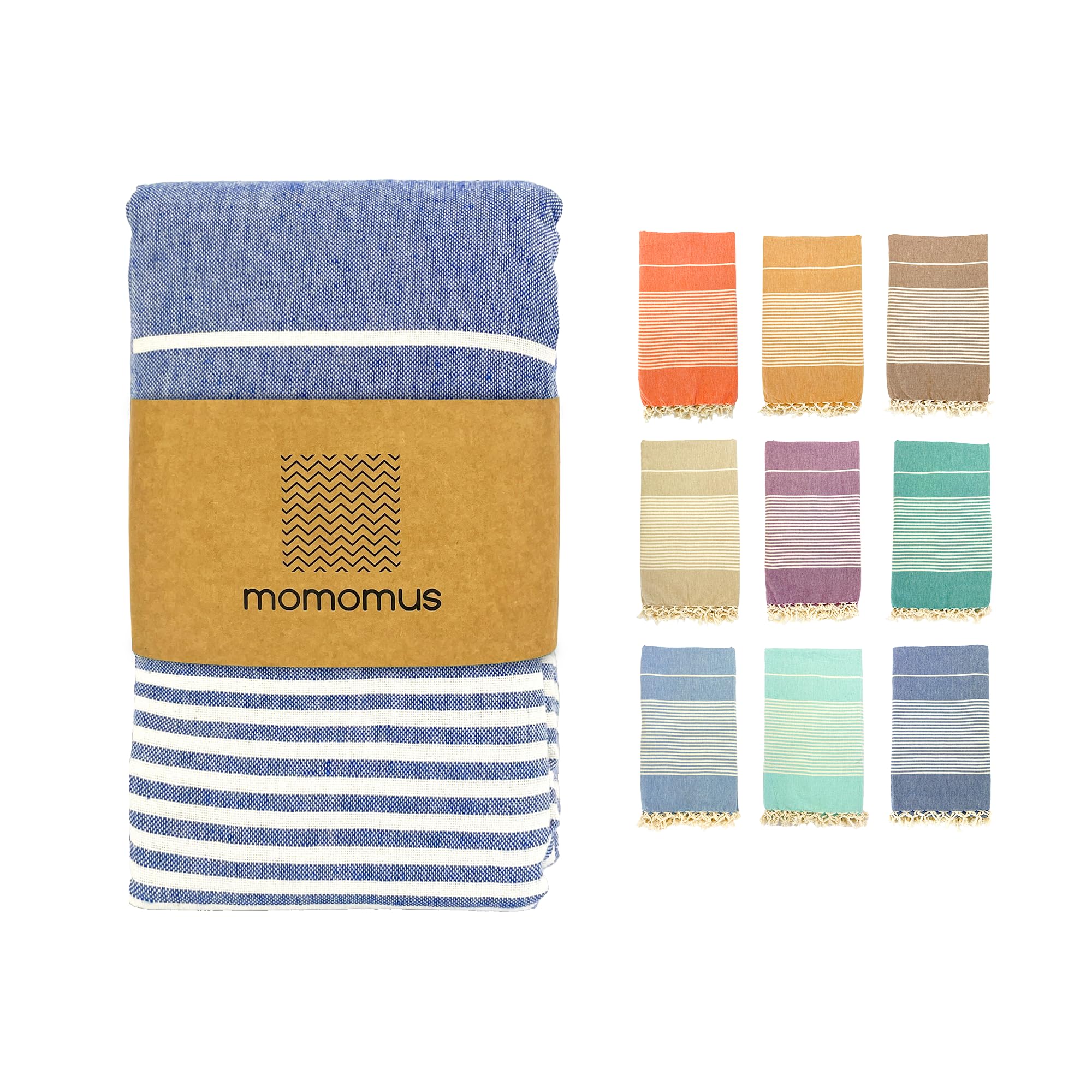 MOMOMUS Fouta Playa XXL, con Flecos y 100% Algodón – Ideal como Toalla de Playa Grande Antiarena, Manta de Picnic sin Arena, Pareo Gigante o Alfombra de Piscina – Azul, 200x220 cm