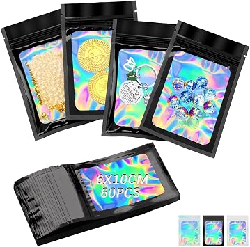 60 Pieces Mylar Holographic Foil Ziplock Pouches - 6x10cm Resealable Small Sweet Black Poly Food Storage for Candy, Jewelry, Packaging, Sample