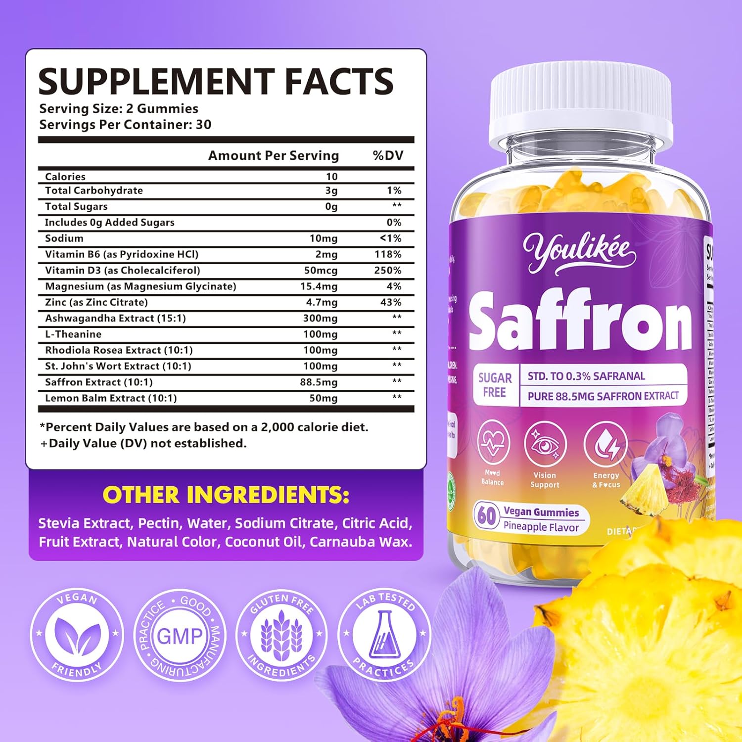 Saffron Gummies 88.5mg - Saffron Supplements with Magnesium, Rhodiola Rosea, Ashwagandha, L-Theanine, St. John's Wort, Vitamins D3 & B6, Zinc - Supports Zzz, Focus, Pineapple Flavor, 60 Count - Image 2