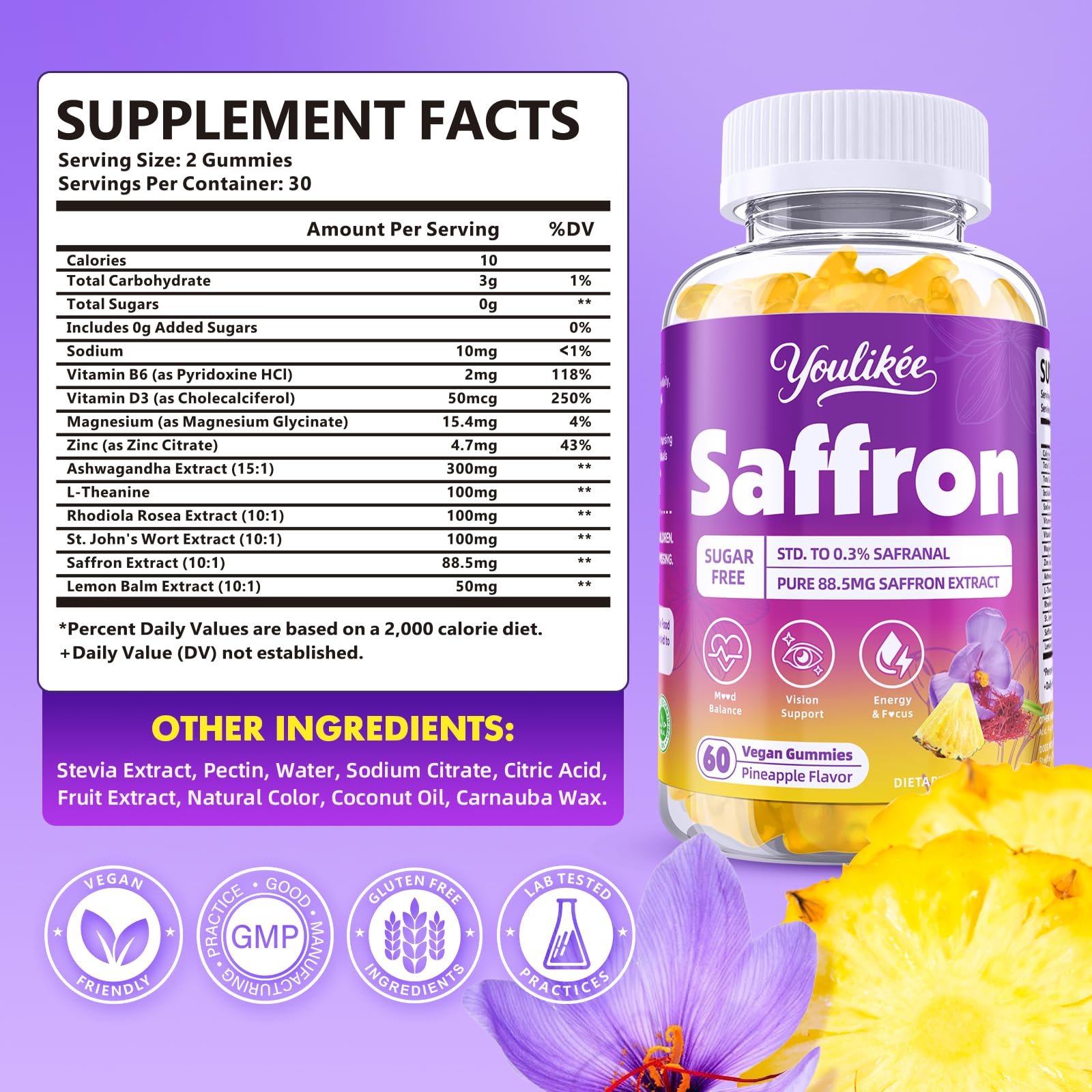 Saffron Gummies 88.5mg, Pineapple Flavor, 60 Count — Amazon image 2