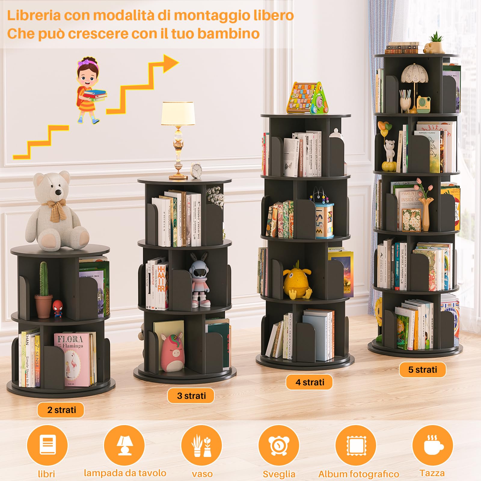 iSunirm Libreria Girevole,Scaffale Per Libreria Da Terra A 5 Livelli,Scaffale Portaoggetti per Bambini e Adulti,Stretto In Legno Per Camera Da Letto, Soggiorno,Nero