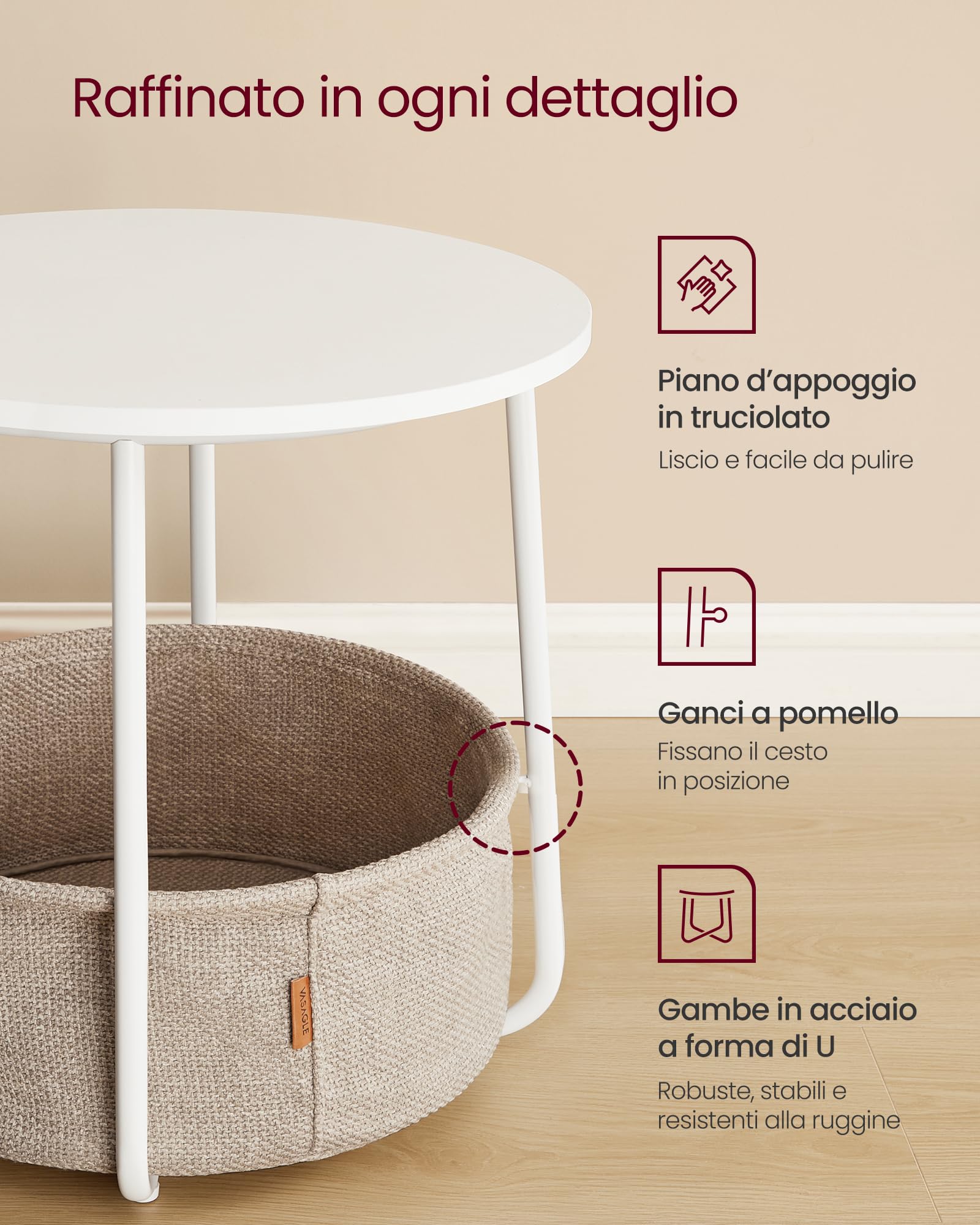 VASAGLE Tavolino con Lampada, Lampada da Terra 3 in 1 con Tavolino e Cesto in Tessuto da Soggiorno Salotto, Lampadina LED Regolabile Inclusa, Paralume ad Angolo, Acciaio, Bianco Opaco LFL004WC04