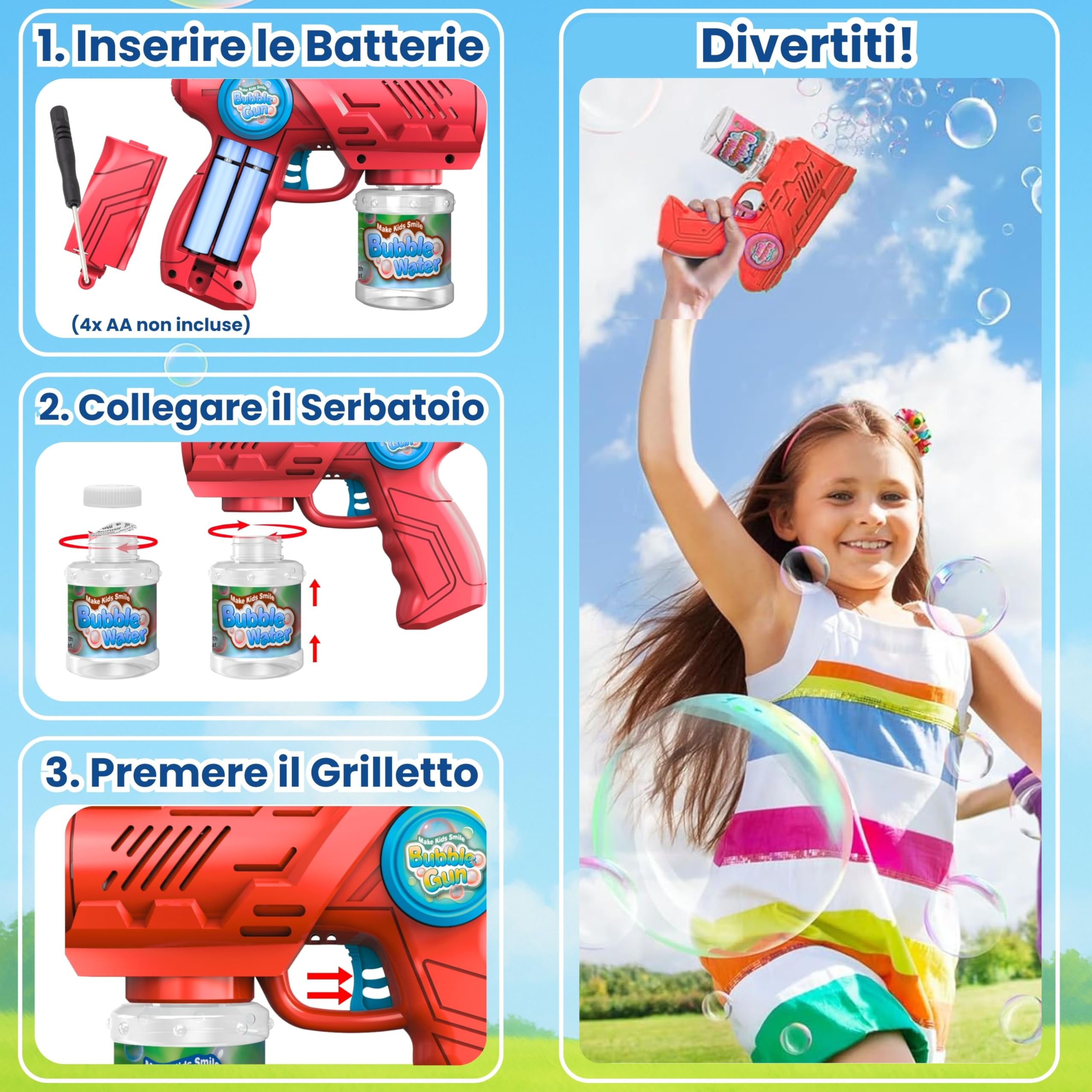 Blubbel Sparabolle di Sapone LED, Pistola Giochi, Macchina Automatica, Bubble Gun, Cannone d’Aria, Giocattolo Matrimonio, Regalo Estivo Bambini, 120ml Liquido Incluso