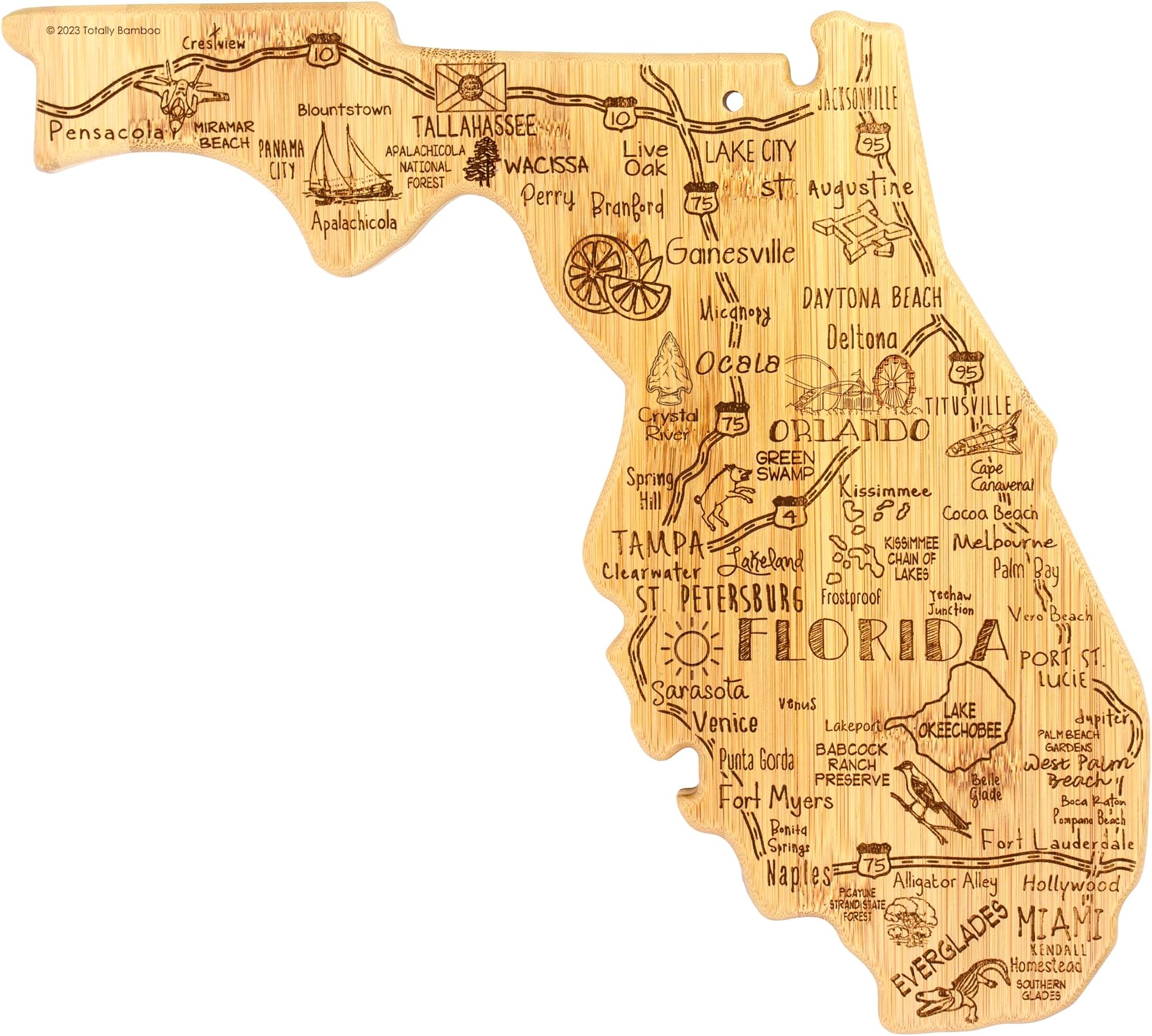 Totally Bamboo Destination Florida Shaped Cutting Board – Bamboo Charcuterie and Serving Board with Hang Tie for Wall Display