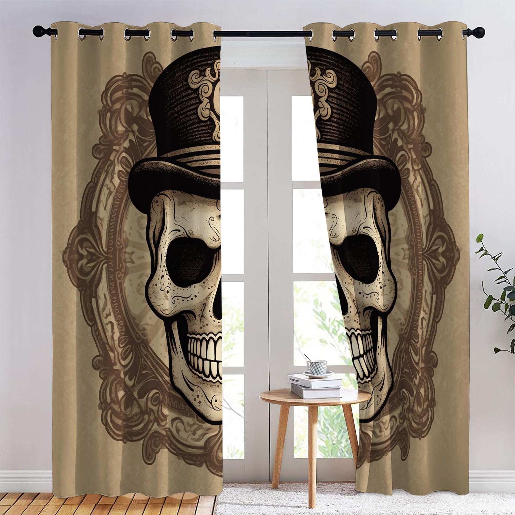 Rideau Occultant Tête de Mort, Rideaux Thermiques à Oeillets pour Chambre, Motif Horreur Gothique Rideaux Salon, Moderne Lot de 2 Décoration de Fenêtre pour Enfant Fille Garcon Rideaux 140x180cm LxH
