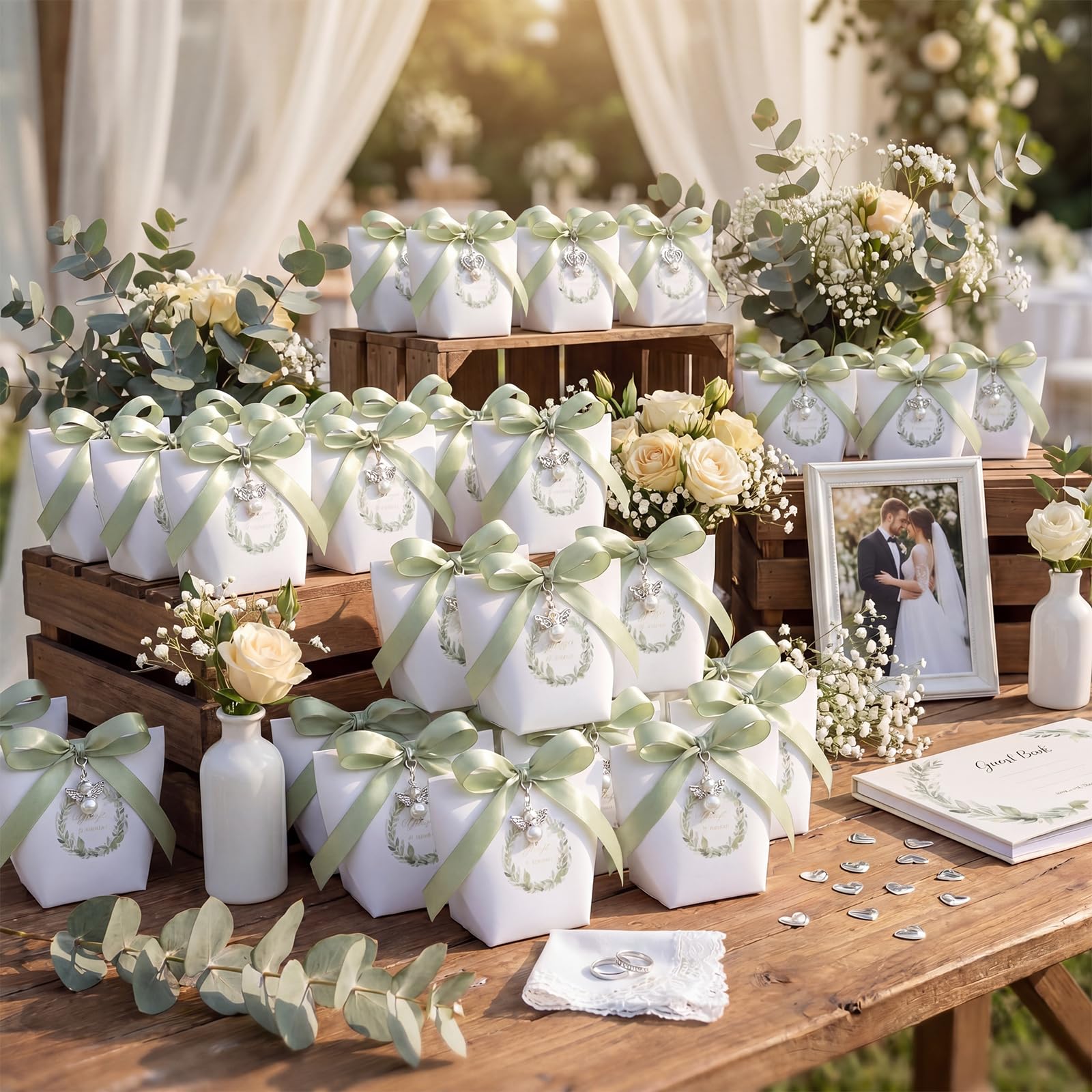 BBTO 36 Pezzi Scatoline Portaconfetti di Matrimonio con Nastro Ciondolo Angelo Custode Bomboniere di Comunione Scatole Regalo per Battesimo Cresima Fidanzamento Compleanno Grazie