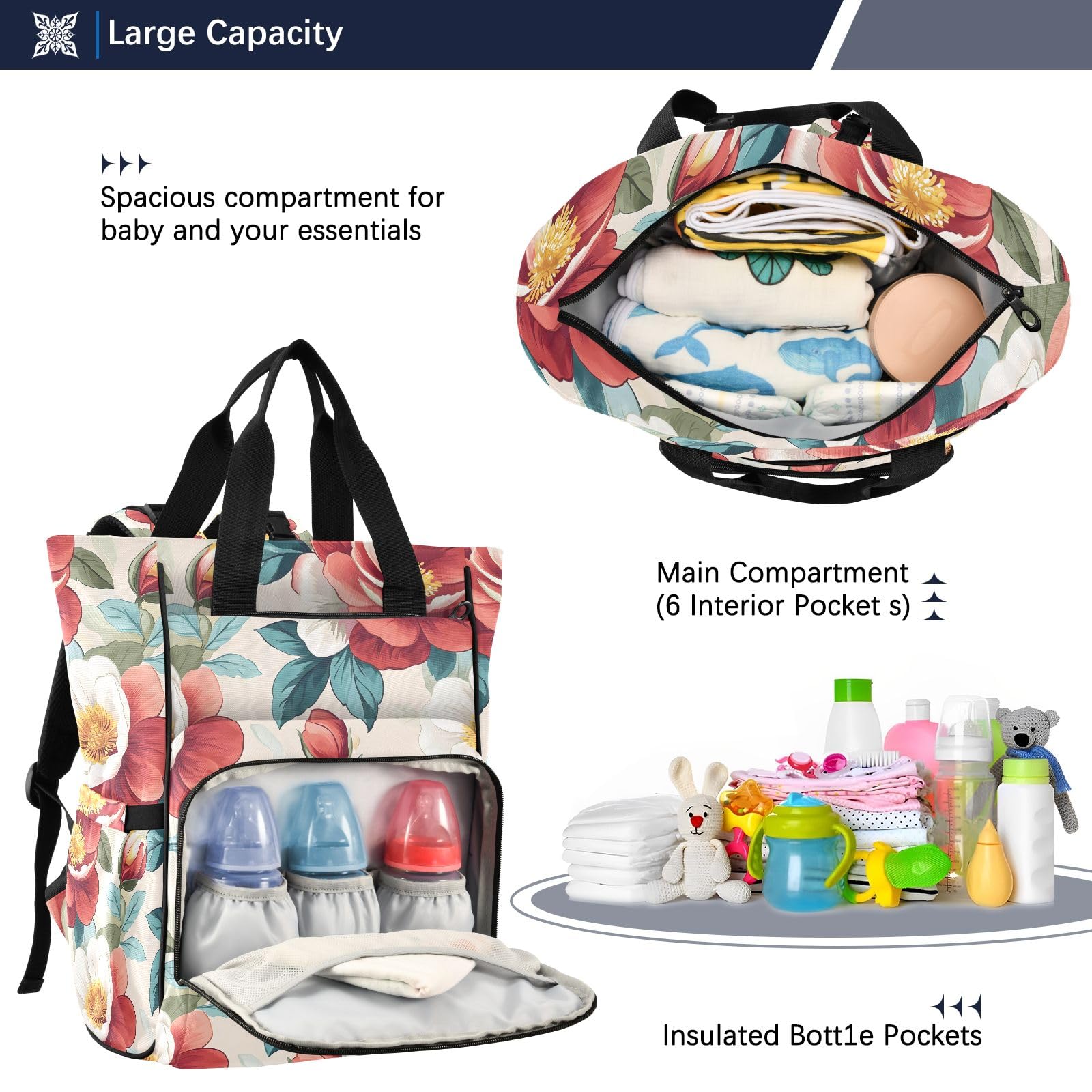 Mnsruu Atractiva mochila para pañales de bebé con patrón floral rojo, bolsa grande, impermeable, bolsas de pañales de viaje para mamás y papás