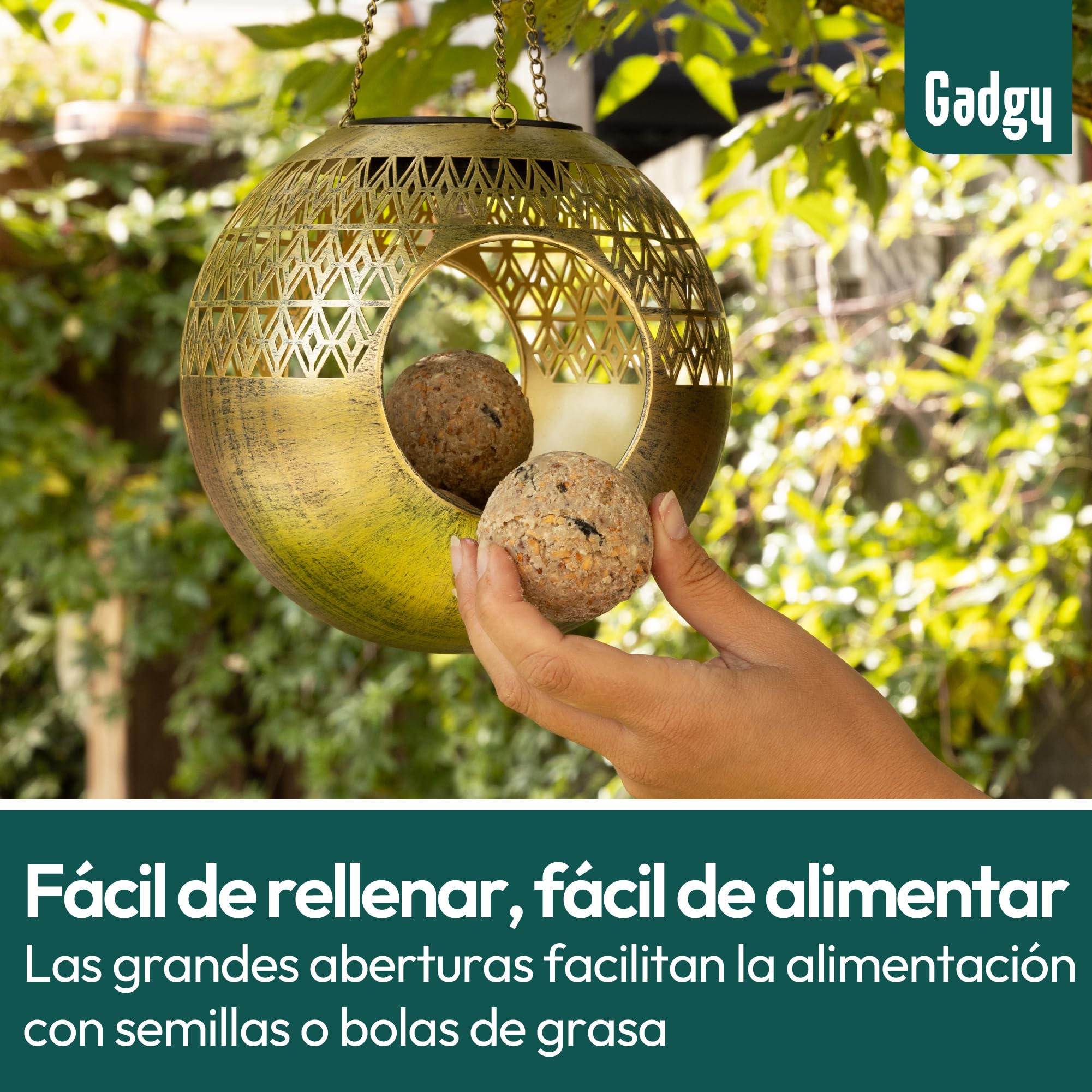 Gadgy Comedero Solar para pájaros Colgante – Diseño Redondo Moderno de Metal – Comedero para pájaros 360° con iluminación Solar – Casa para pájaros Impermeable para jardín, balcón, terraza — view 7