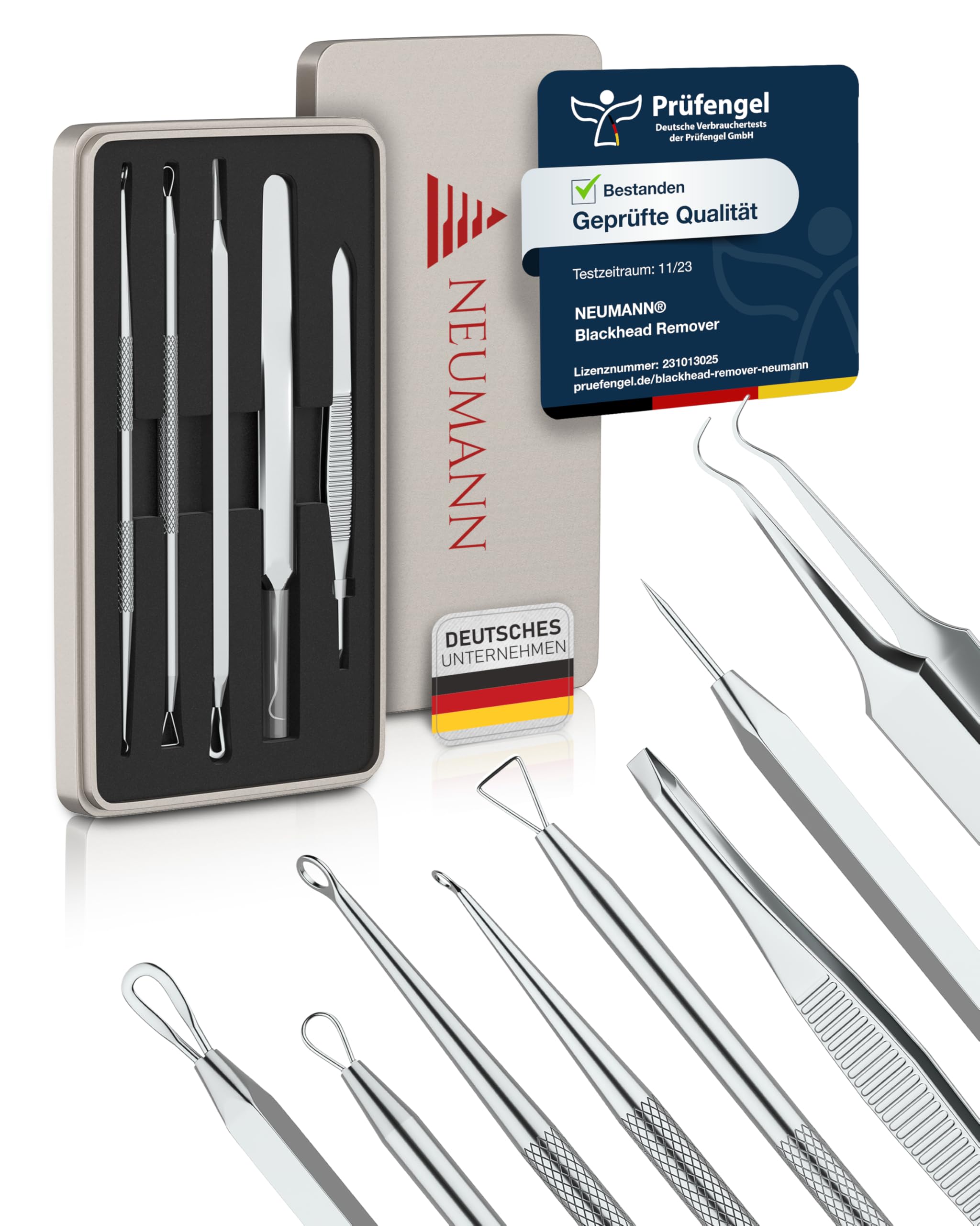 NEUMANN® Mitesserentferner-Set (rostfreier Edelstahl) zum entfernen von Pickeln, Blackheads & co. - Komedonenquetscher, Heber, Remover - Verschiedene Tools: Schlingen, Pinzetten, Lanzette [Silber]