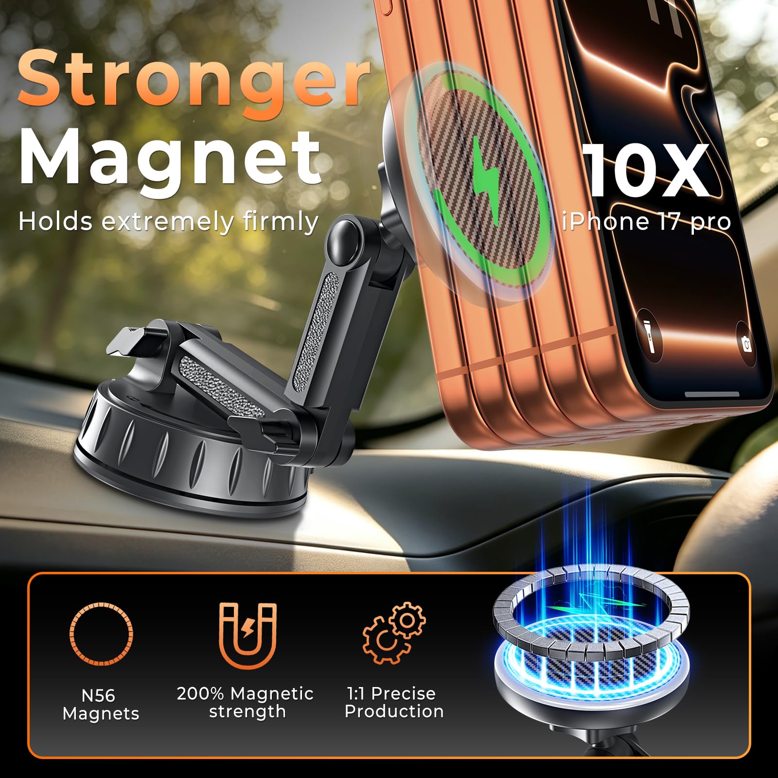 SNGOAM Supporto magnetico per auto MagSafe, supporto magnetico per telefono per il cruscotto o il parabrezza, caricatore magnetico regolabile wireless per auto, ricarica rapida, supporto per telefono