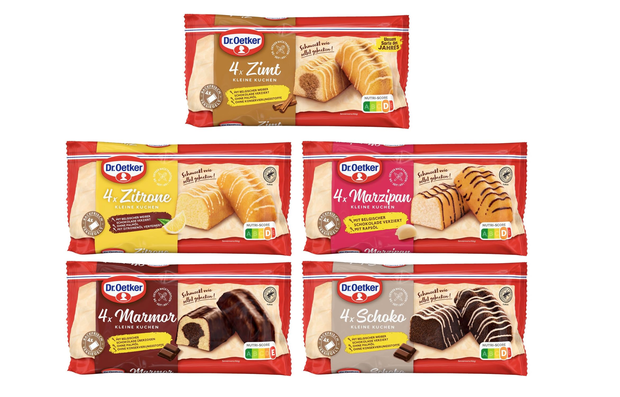 Dr. Oetker fertige kleine Kuchen im 15er Probier-Set – unsere Ein-Portion-Rührkuchen in den Sorten Marmor-, Marzipan-, Schokokuchen, Zitronenkuchen und Zimt sind ideal für zwischendurch