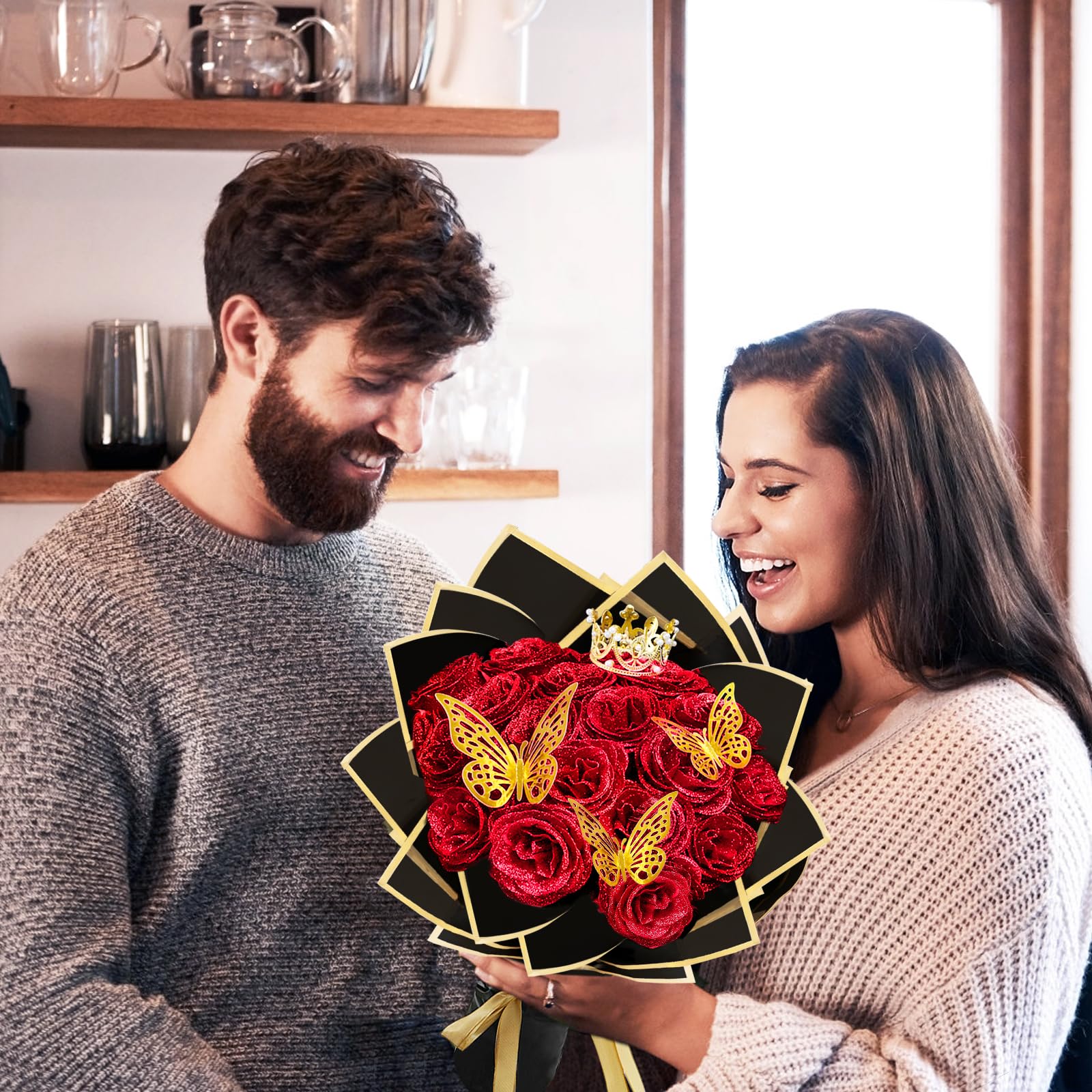 LARDUX 24 Stück Glitzer-Rosenstrauß, Glitzer Rosen Bouquet, künstliche Rosensträuße, DIY künstliche Glitzer-Blumensträuße mit Krone für Geschenke Hochzeitstag Verlobungstag Geburtstag, Muttertag