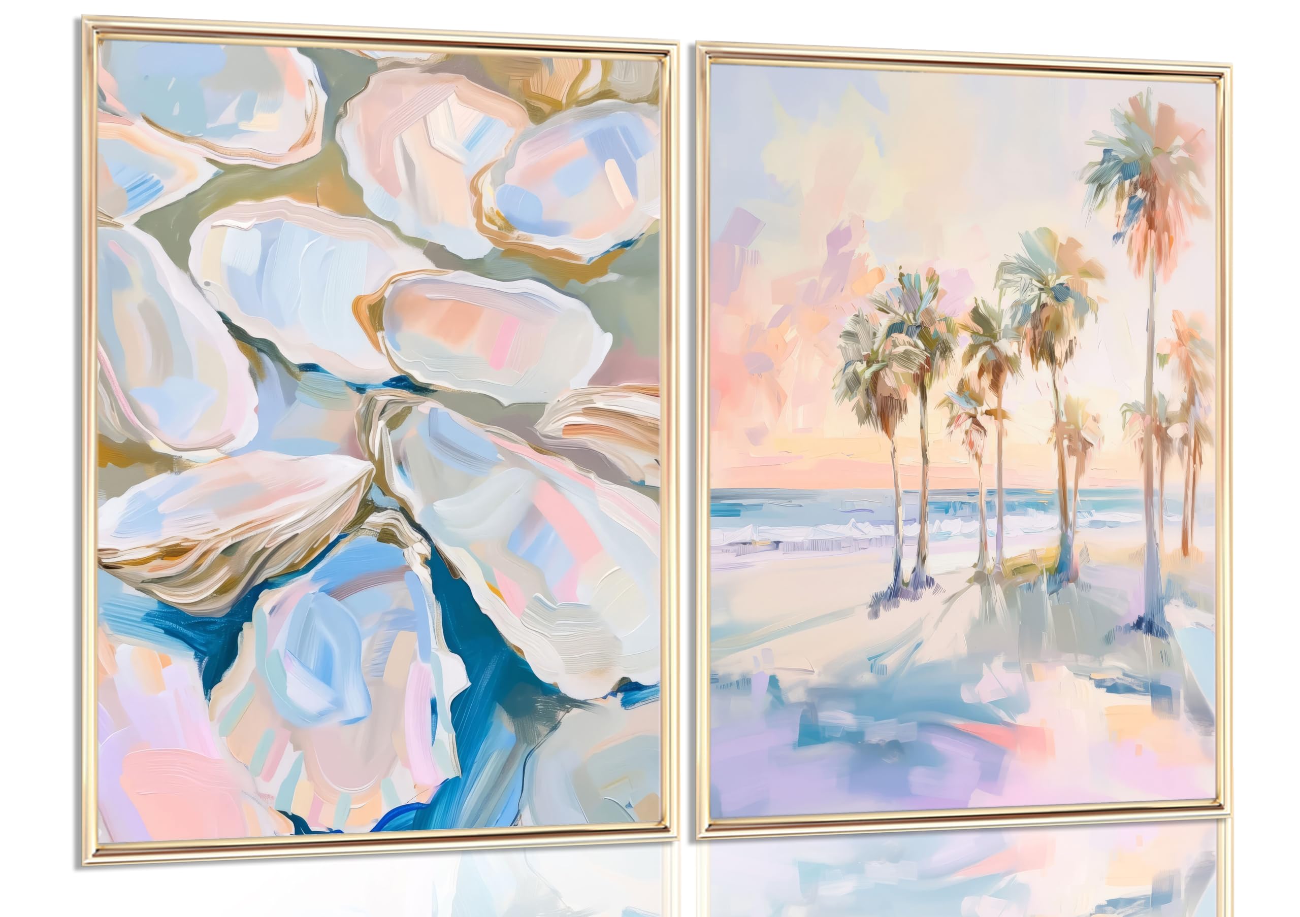 2Pcs Colorful Pastel Oyster Shell Wall Art Palm Tree Prints Canvas Aesthetic Sunset Posters Tropical Coastal Summer Beach Pictures Girly Pink