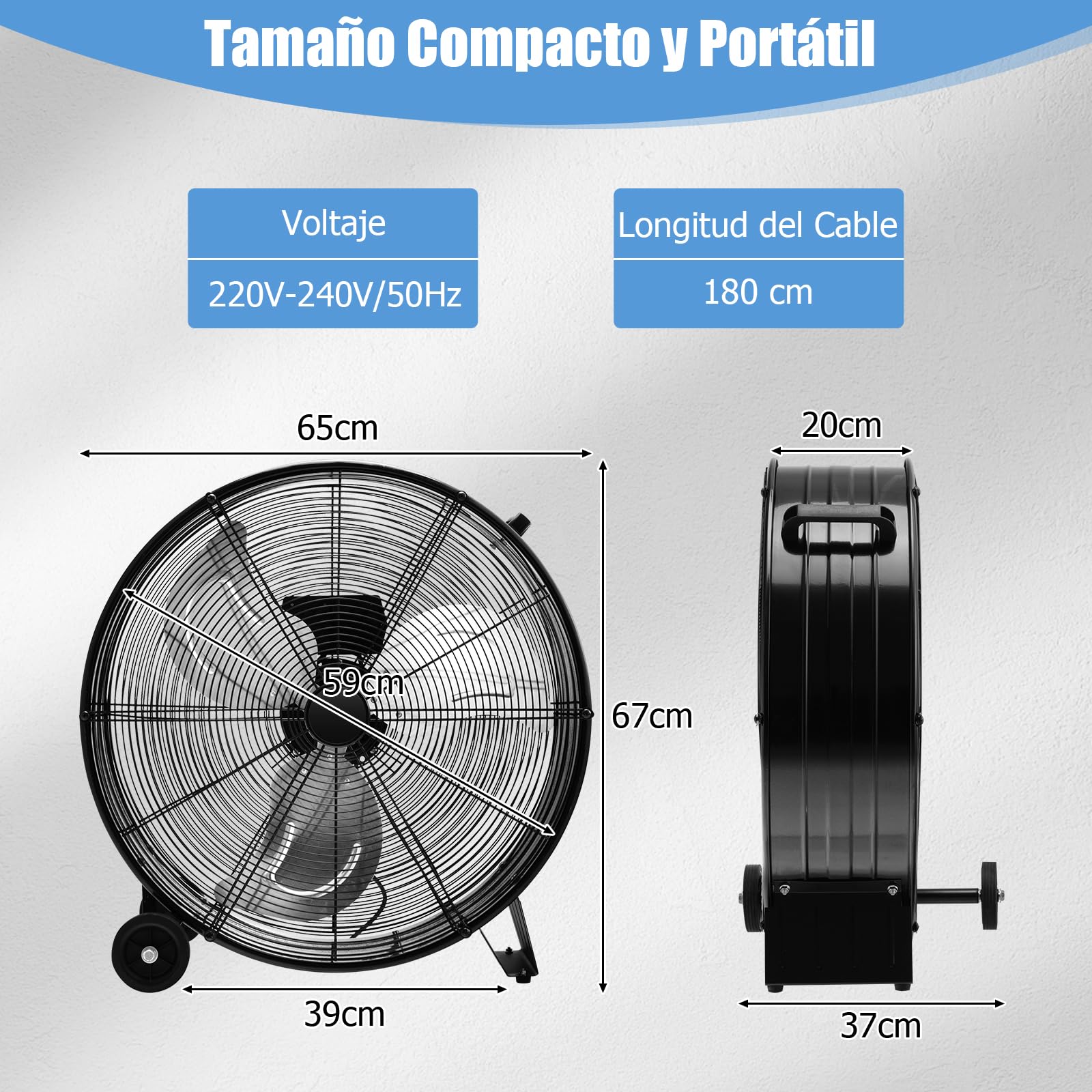GOPLUS Ventilador Industrial 180W, Ventilador de Suelo de Diámetro 65CM, Viento de Pie con 3 Velocidades, Viento Potente con Asa y 2 Ruedas de Transporte, Botón de Ajuste, Mango Lateral (Negro)