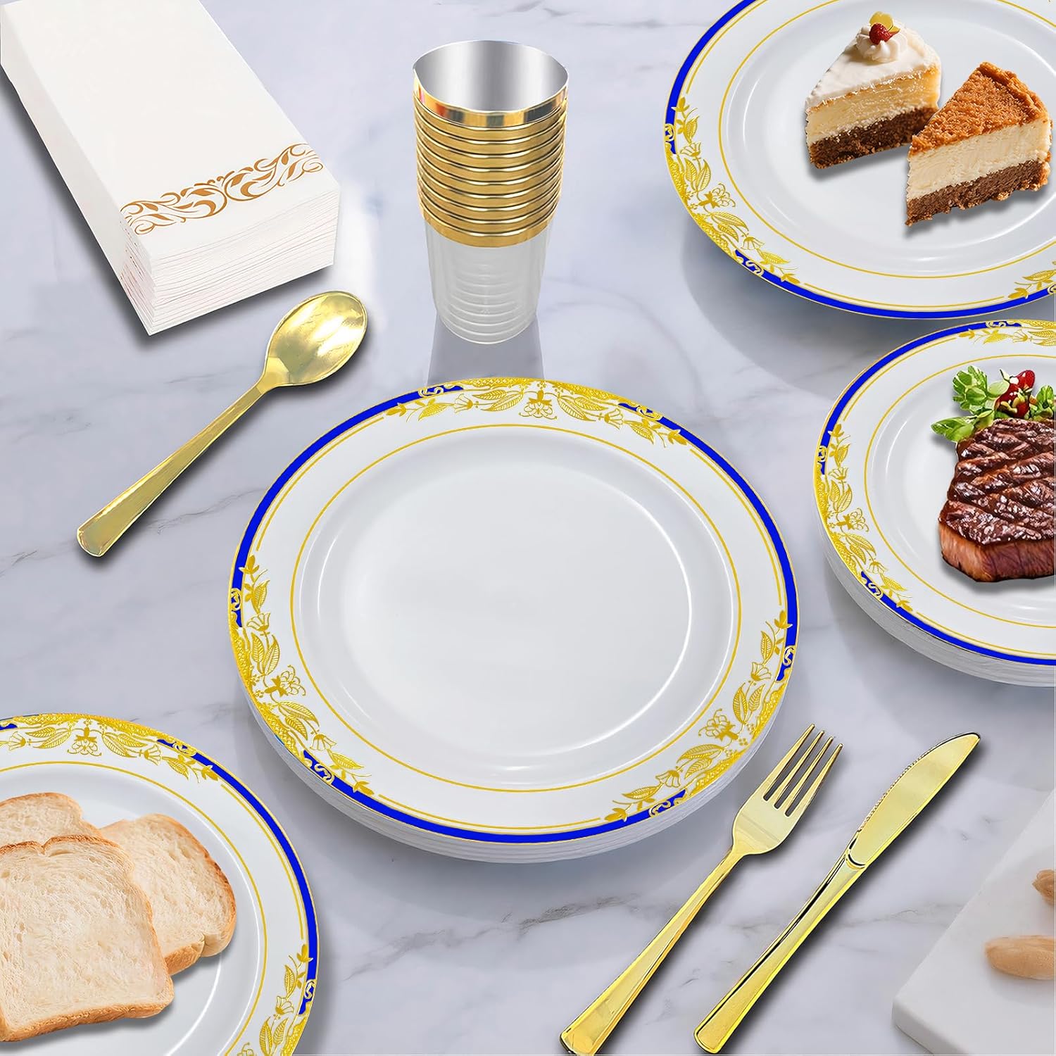 175PCS Disposable Dinnerware Plates and Cutlery Set for 25 Guests-Gold Heavy Duty Disposable Plates,Includes 10.5''Dinner Plates and 7.5''Dessert Plate,9ozCups and Cutlery for Catering Events.