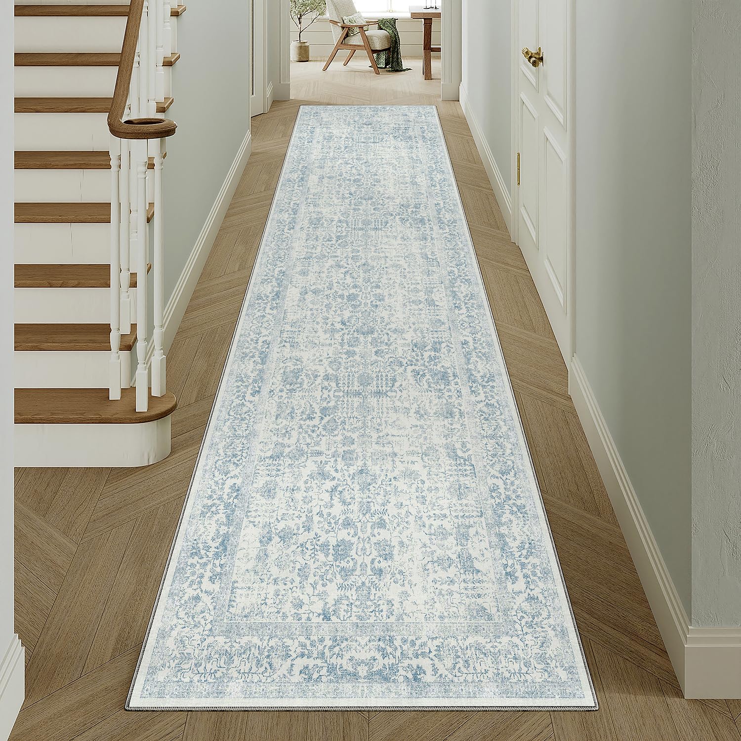 PureCozy Blue Runner Rug 2x12 Hallway Machine Washable Kitchen Vintage Distressed Non Slip Long Carpet Indoor Retro Floral Bedroom Accent Throw Rug for Bathroom Office Laundry Dining Room
