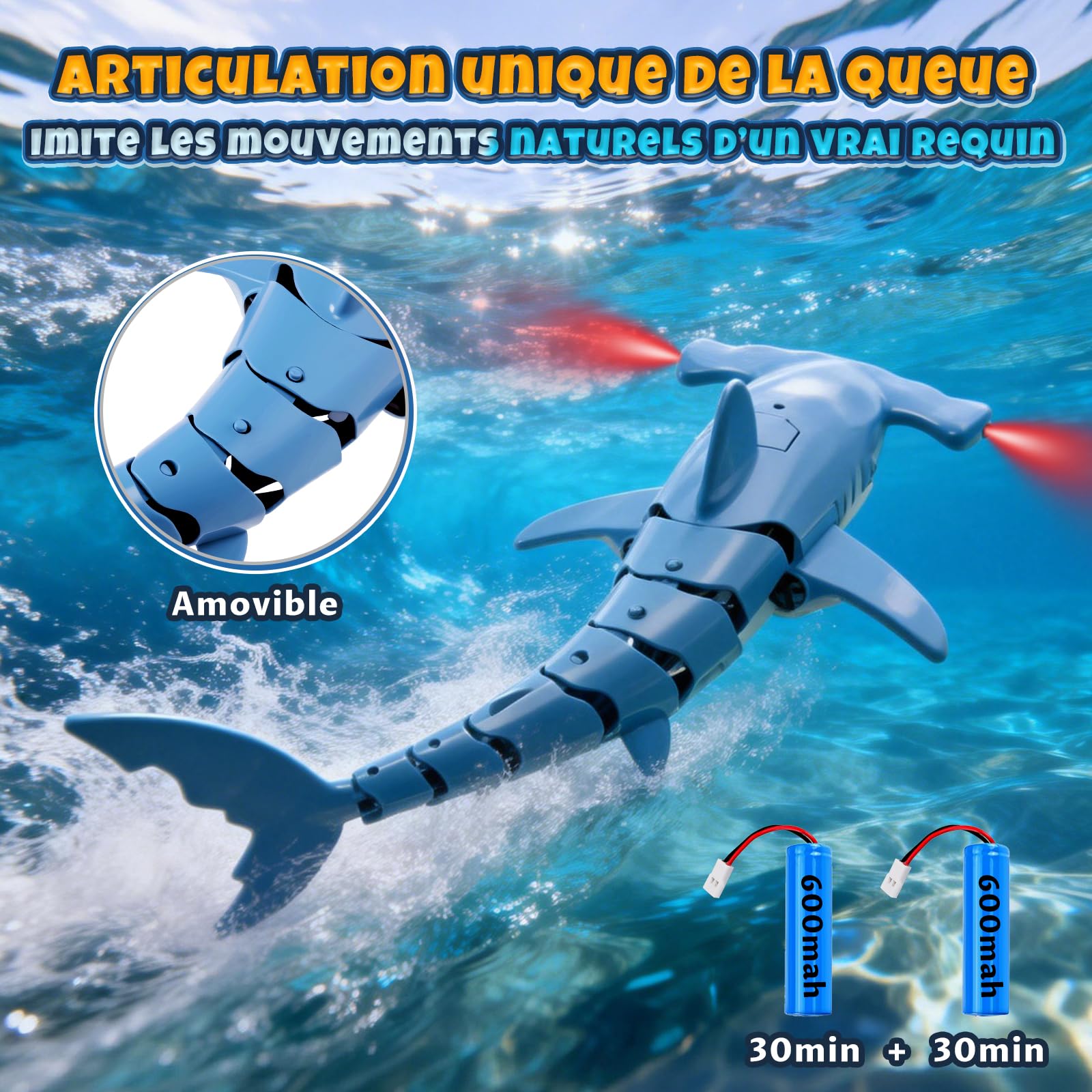 Requin Télécommandé avec Fonction de Plongée, 2.4 GHz RC Requin avec Lumières LED, Jouet Requin sous-Marin pour Piscine et Baignoire, Cadeau pour Enfants 6+ Ans Garçon Fille (Bleu)