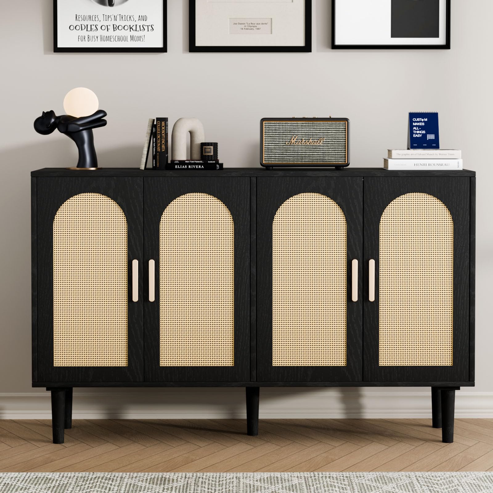 Sideboard Buffet Cabinet with Storage, Retro Rattan Storage Cabinet Kitchen Sideboard Buffet with Artistic Carved Handle for Dining Room Living Room, (Black&Oak)