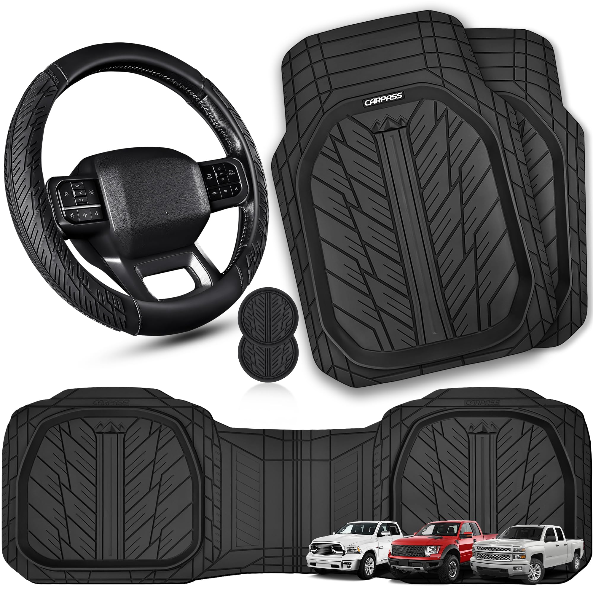 CAR PASS Rubber Leather Steering Wheel Cover Large-Size 15.5-16 Inches Fit for Truck SUV Large Car Ram F150 Tundra 4Runner Tacoma, XXL Heavy Duty Deep-Dish Car Floor Mats, Trim-to-Fit Car Mat BlackGlobal Recycled StandardGlobal Recycled StandardGlobal Recycled Standard