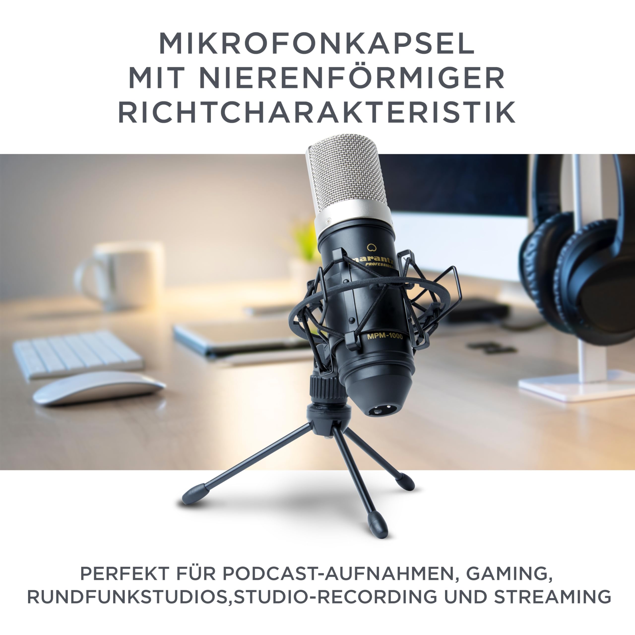 Marantz Professional MPM1000 - XLR Kondensatormikrofon mit Pop Schutz Filter, Shockmount, Tripod Ständer, XLR Kabel für Home Office oder Studio