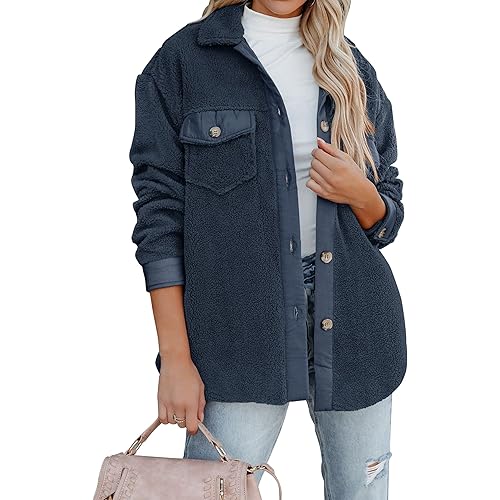 ZESICA Womens Winter Casual Sherpa Fleece Jacket Long Sleeve Button Solid Warm Fuzzy Outwear Coat Pockets