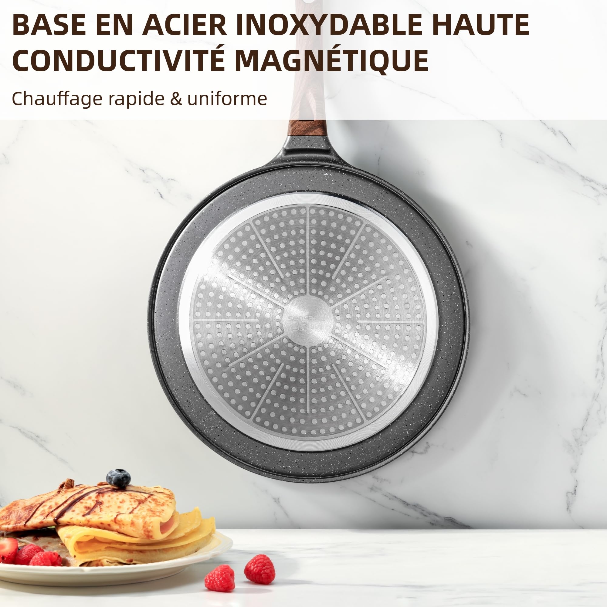 SENSARTE Poêle à Crêpes 26 cm avec Revêtement Antiadhésif en Granit Suisse - Compatible Induction - Crêpière avec Répartisseur de Pâte - Poignée Confortable et Ergonomique