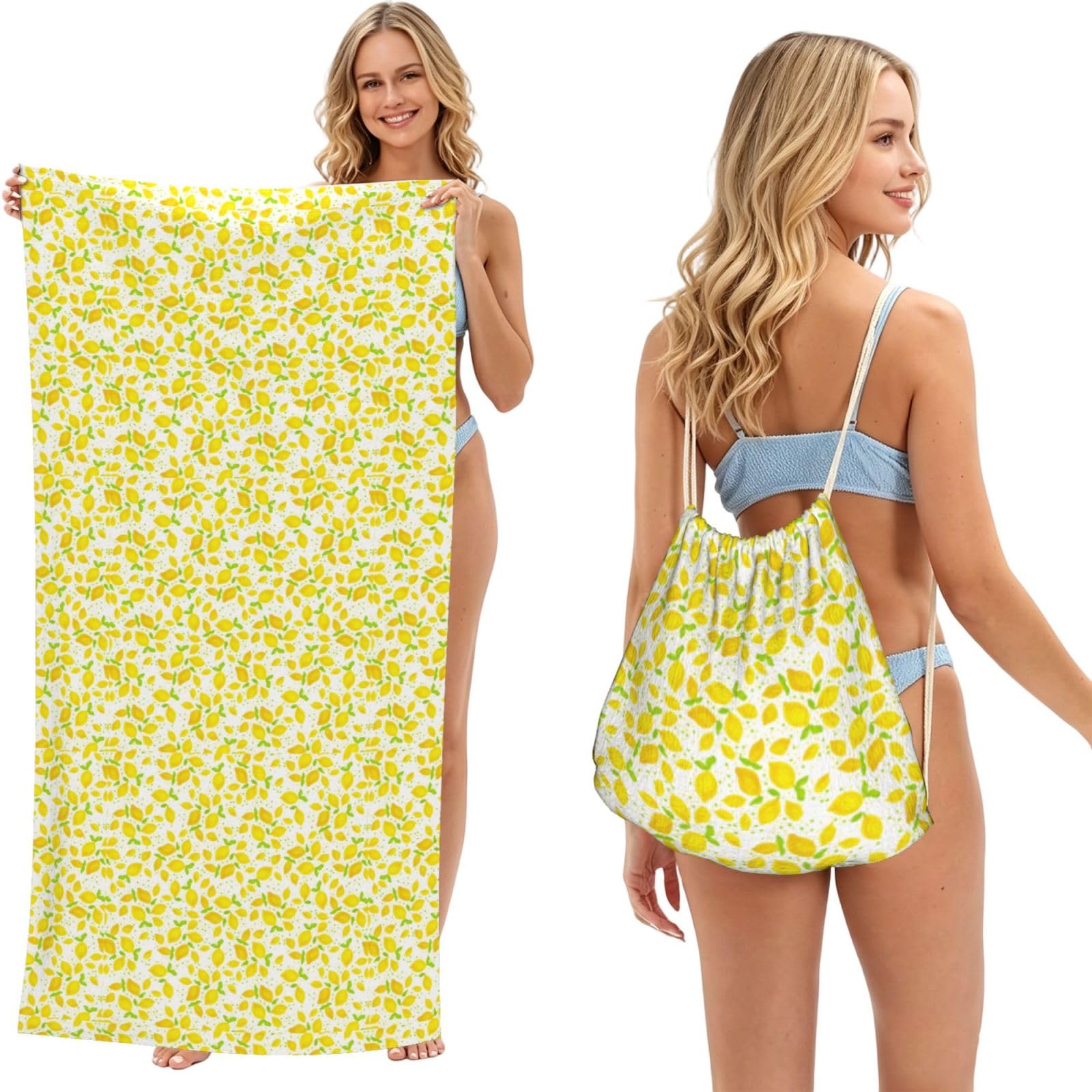 Poadnly As Picture Little Lemons, 2 In 1 Packable Towel Bag, Beach Towels With Drawstring Backpack For Travel Holiday Camping