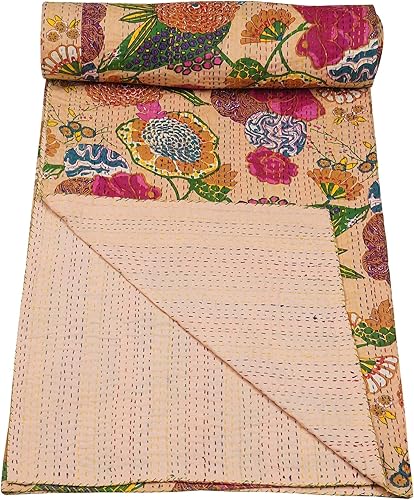 Miniatura 2 de Marubhumi Colcha Kantha reversible de algodón puro cosido a mano indio con estampado de frutas, color beige, tamaño Queen (90 x 108 pulgadas)