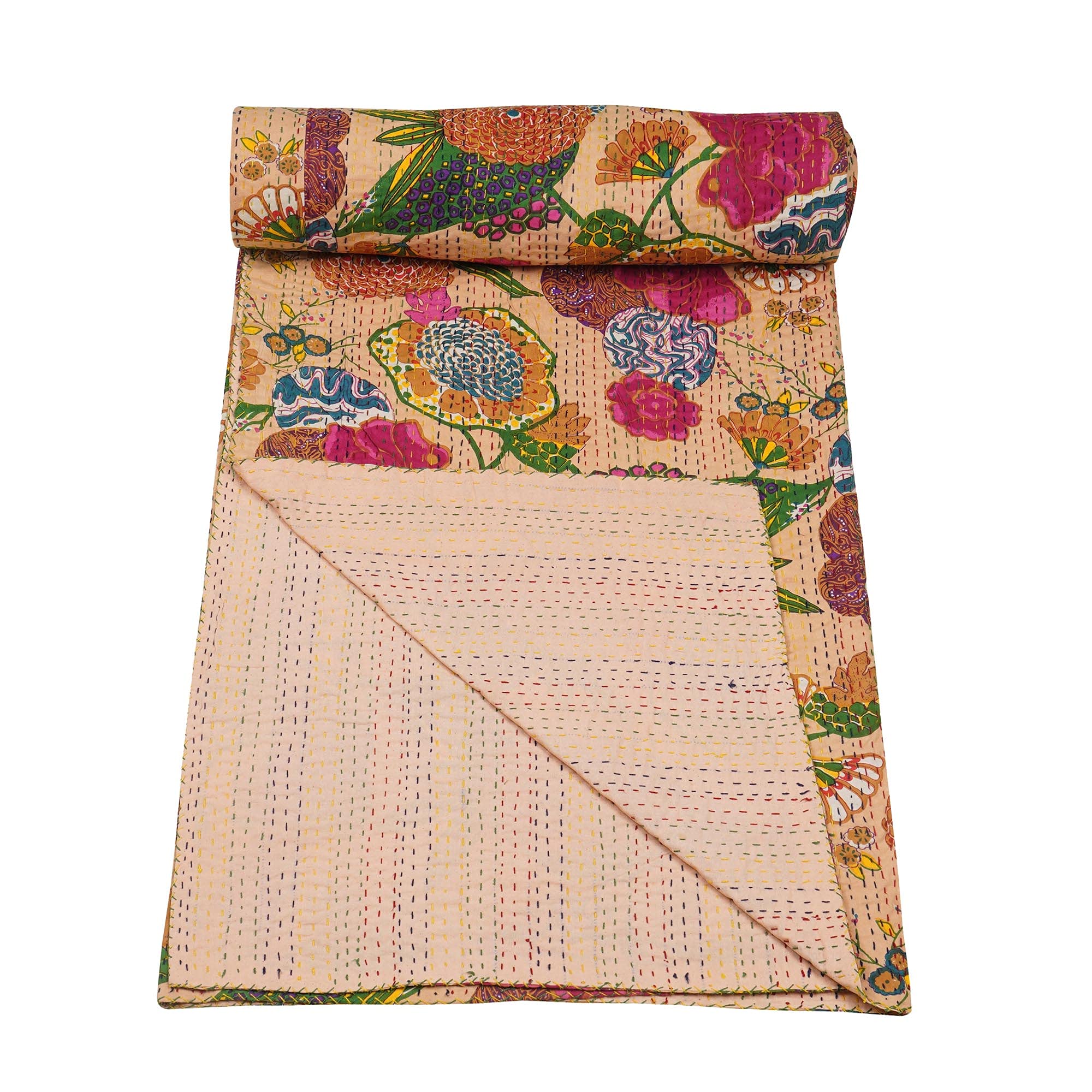 Manta Reversible Con Estampado De Retazos De Mullti Indio, Tamaño Queen/Twin/King, Con Estampado Floral Bohemio Kantha, Colcha India Kantha (90 X 108 Pulgadas