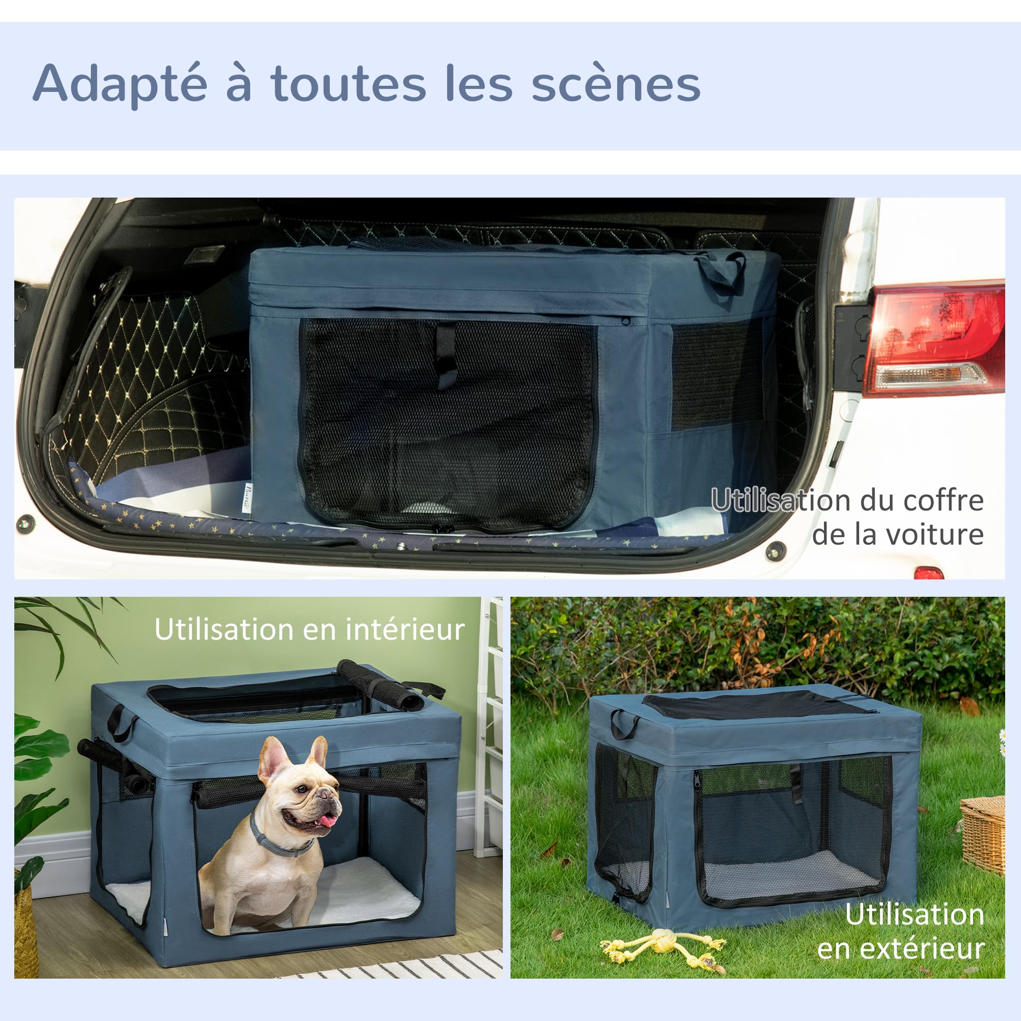 PawHut Sac de Transport Pliable pour Animaux de Compagnie avec poignée Ouverture supérieure Tissu en Maille - 69 x 51 x 51 cm - Bleu Noir