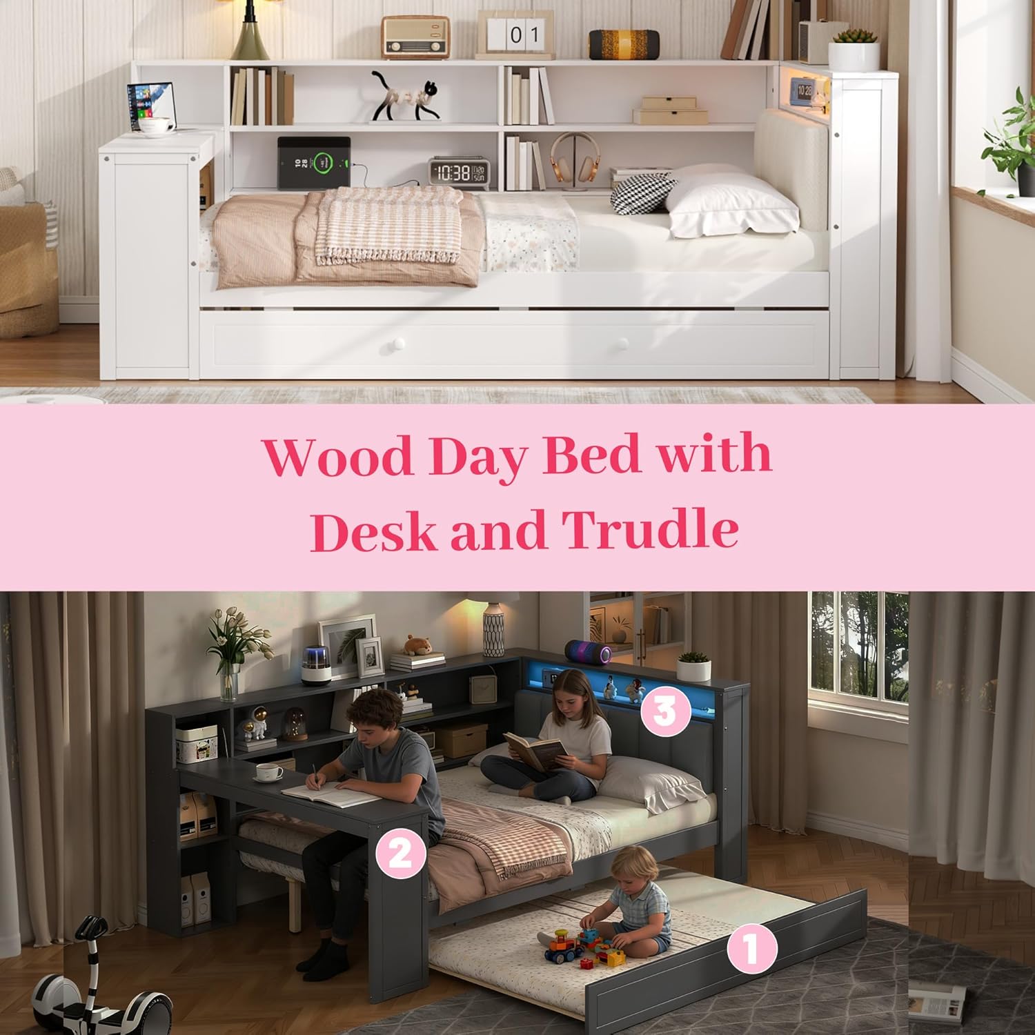 Full Size Corner Daybed with Trundle & Desk & Charging Station, Wood Daybed with LED and Bookcase for Kids Teens Adults, Upholstered Headboard Sleeper Sofa Couch for Guest Room Bedroom,White