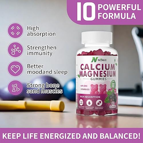 Miniatura 4 de Gomitas de calcio y magnesio y zinc con vitamina D3, suplemento de ashwagandha, absorción mejorada de alta potencia, sabor a saúco, 90 unidades