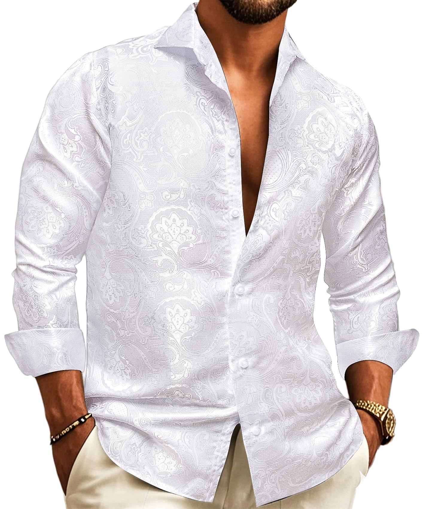 Barry.Wang Mens Dress Shirts Silk Luxury Paisley Big and Tall Long Sleeve Shirt Business Wedding Party Red Black S-3XL