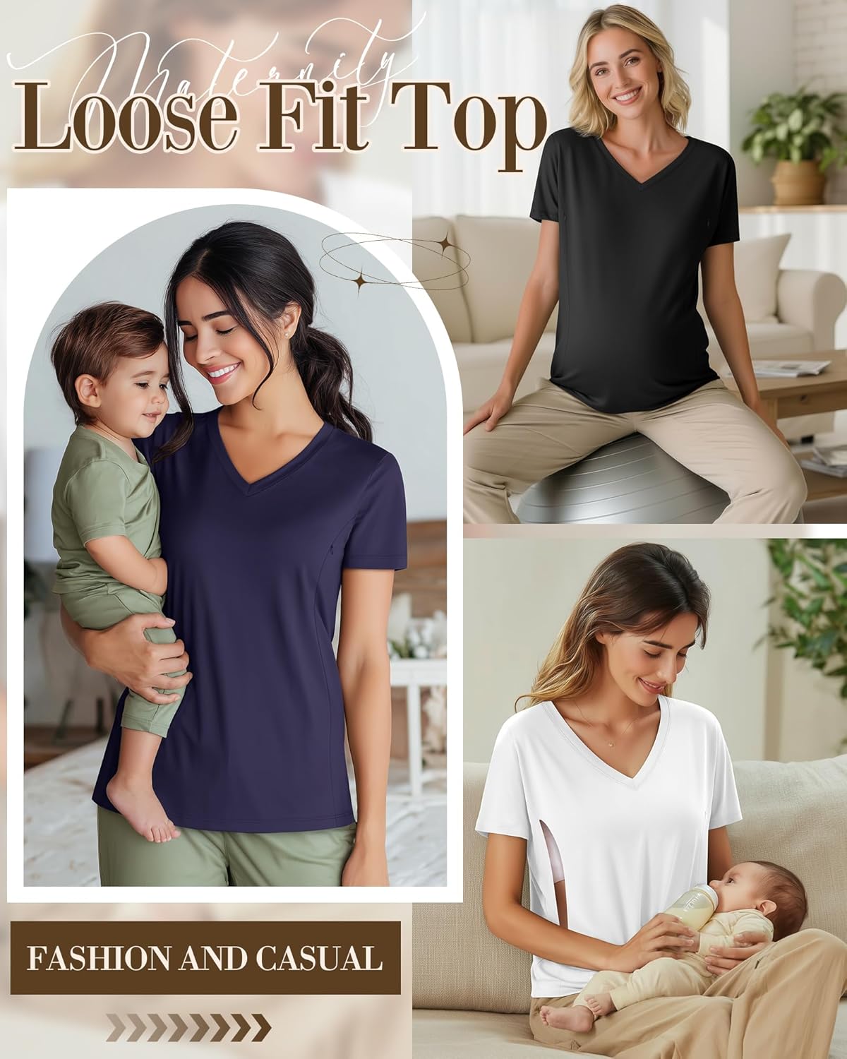 4 Pack Women's Nursing Shirts for Breastfeeding with Hidden Zipper V Neck Short Sleeve Loose Fit Maternity Tops - Image 4