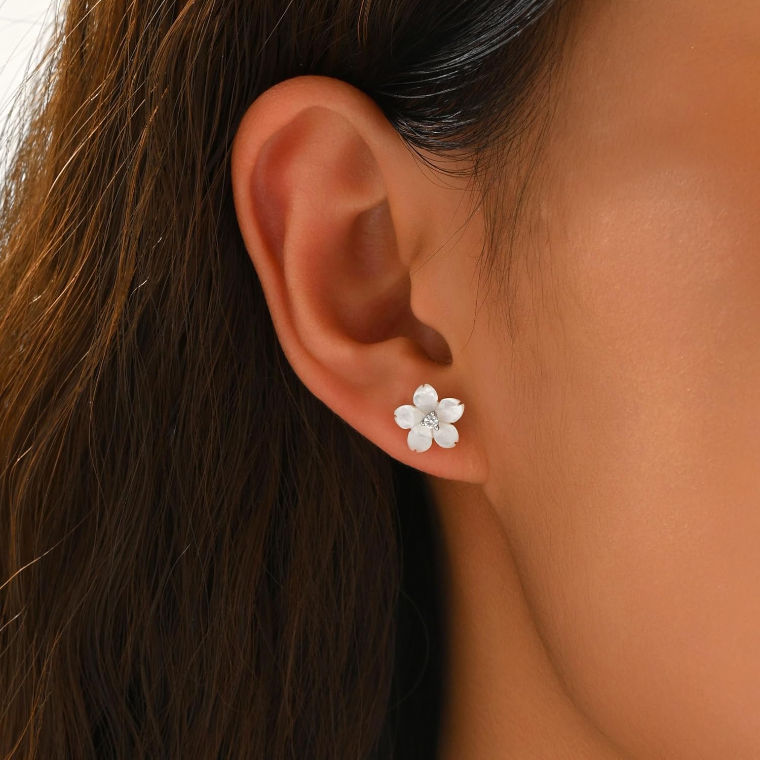 Valentines Day Gifts Shell Pearl Flower Stud Earrings for Women 925 Sterling Silver Hypoallergenic Cute Floral CZ Earring to Daughter Mom Dainty Hibiscus Earring Birthday Wedding Jewelry Gift - Image 3